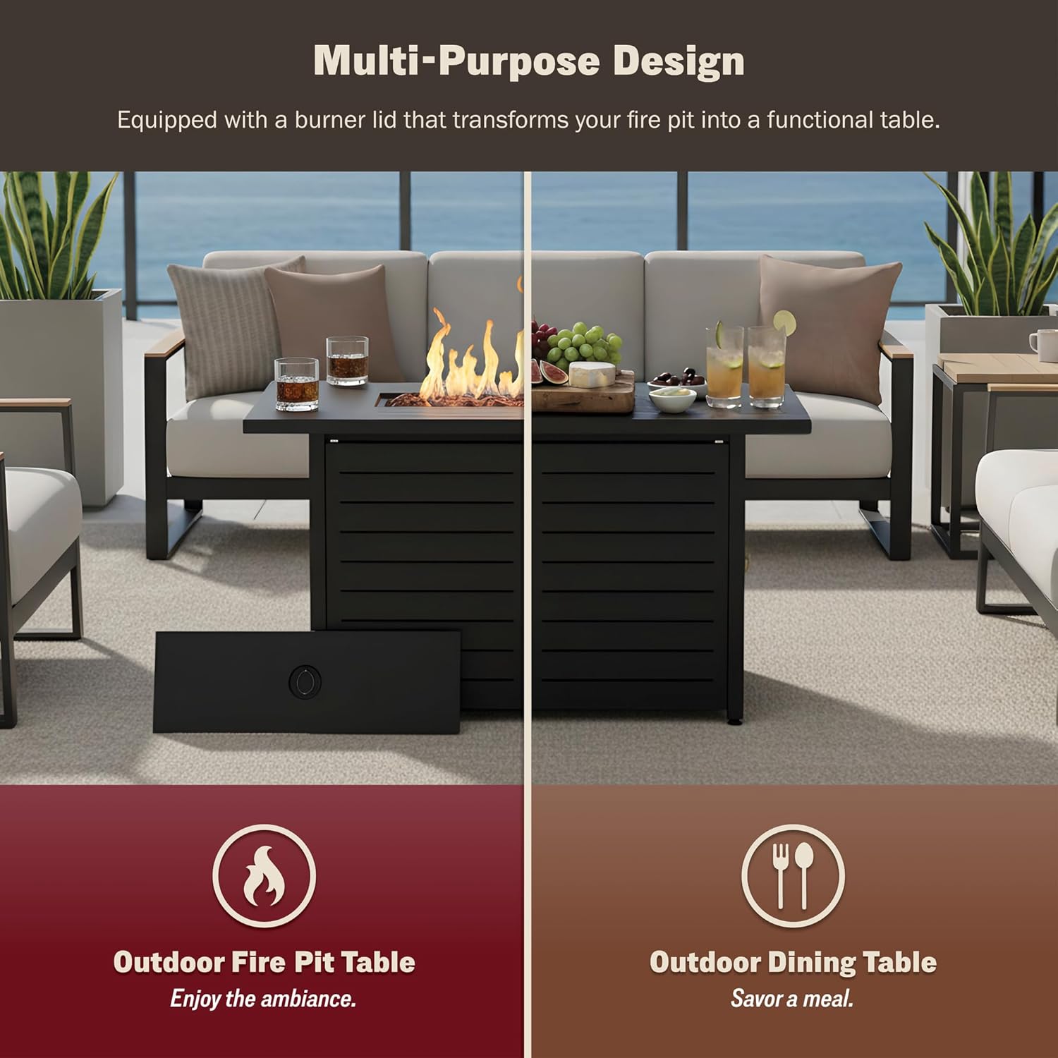 Kinger Home 42-Inch Ore Outdoor Propane Fire Pit Table 50000 BTU, Powder-Coated Stainless Steel Patio Firepit with Lava Rocks, Black