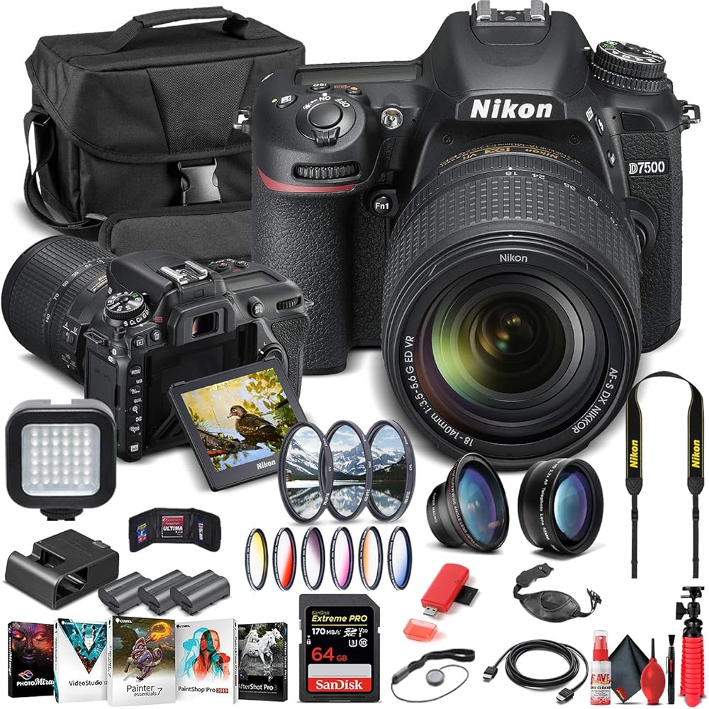 Nikon D7500 DSLR Camera with 18-140mm Lens (1582) + 64GB Memory Card + Case + Corel Photo Software + 2 x EN-EL 15 Battery + Card Reader + LED Light + Filter Kit + Wide Angle Lens + More (Renewed)