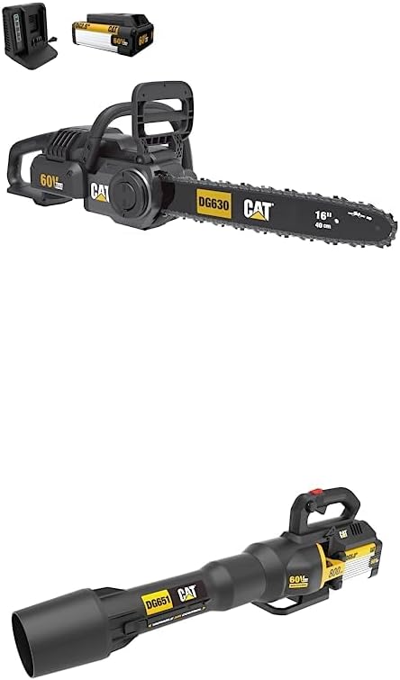 Cat 60V Brushless 16” Chainsaw with Tool-Free Chain Tensioning Chain + Brushless Leaf Blower 800 CFM 170 MPH High-Powered Variable Air Control DG630 DG651.9 – Battery & Charger Included