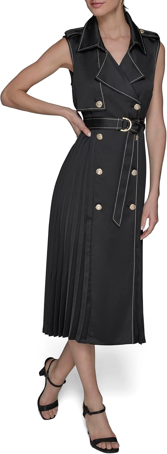 Karl Lagerfeld Womens Belted Sleeveless Satin Back Crepe Midi Dress