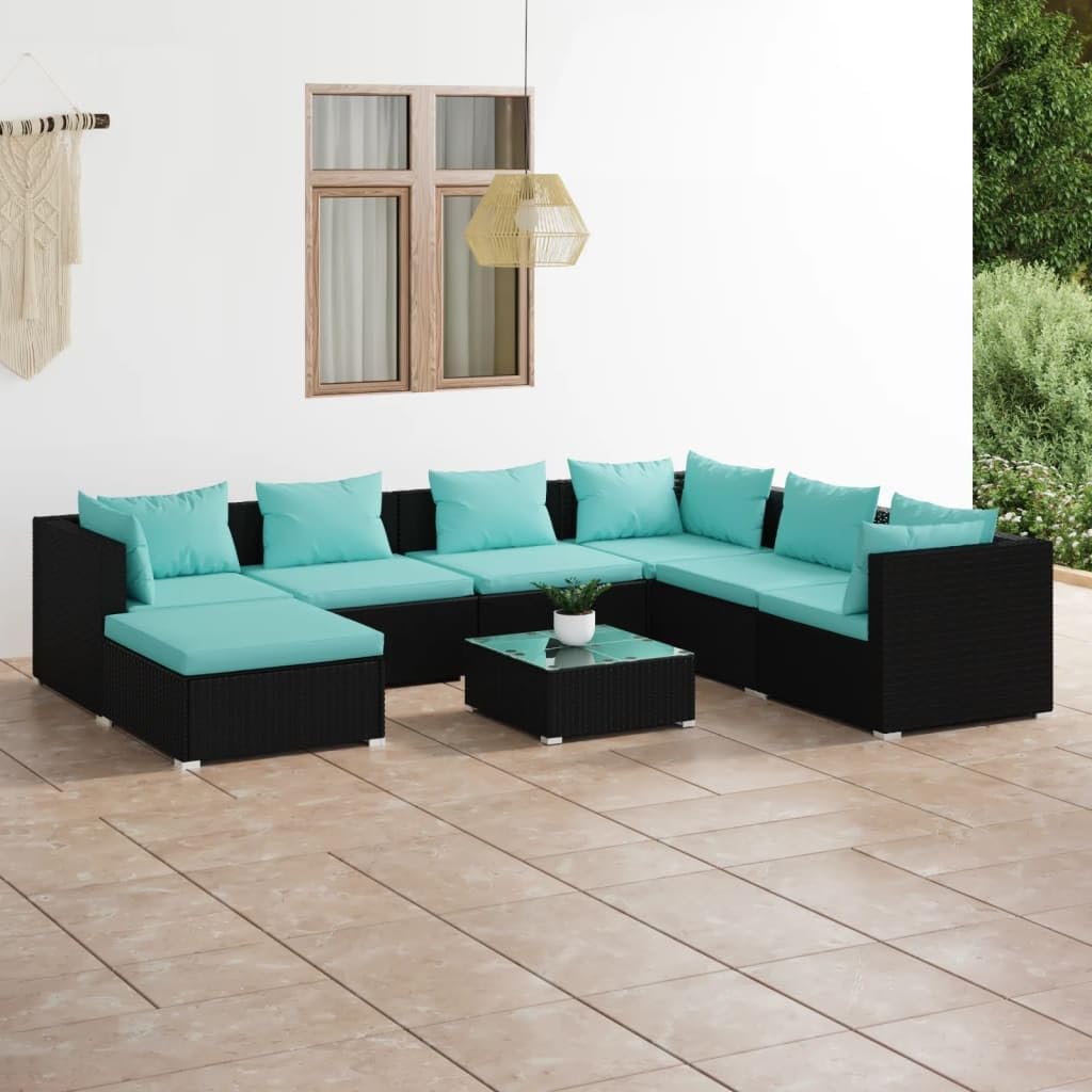 8 Piece Patio Lounge Set with Cushions Poly Rattan Black,Premium Poly Rattan Patio Lounge Set with Cushions: Modular Comfort for Outdoor Living Patio Furniture, Outdoor Furniture Sets
