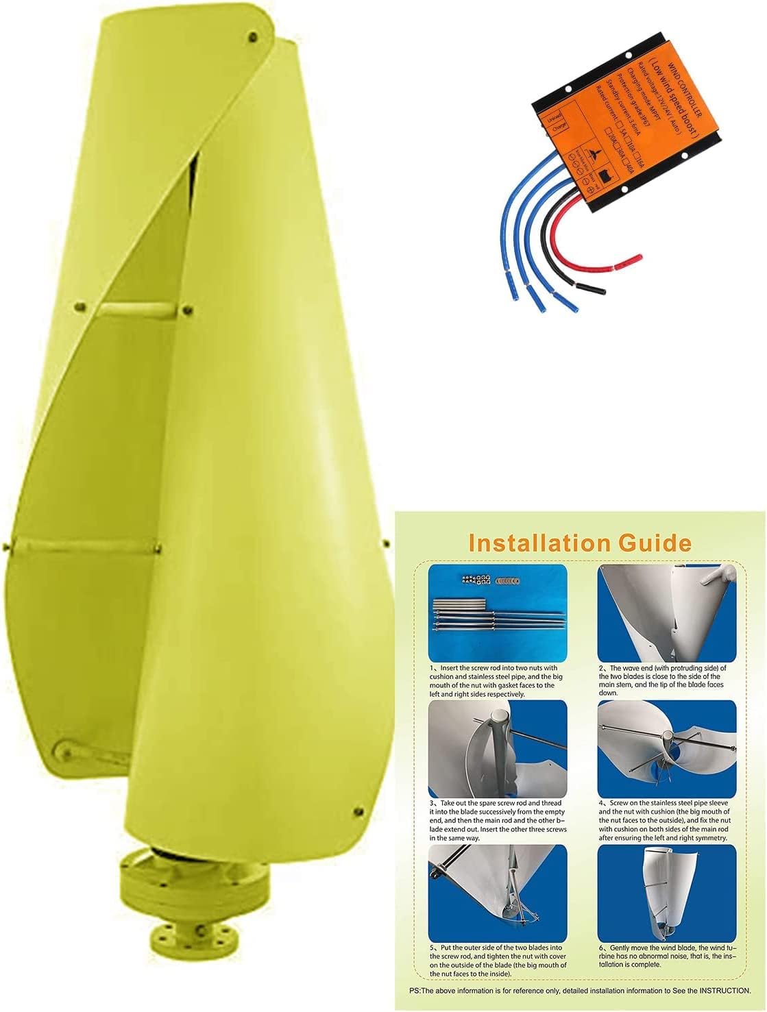 LiuSj JUnSt 8000W Vertical Spiral Wind Turbine Generator, 2 Blades Free Energy Homeuse Wind Turbine Generator Suitable for Garden Street Lighting(Yellow)