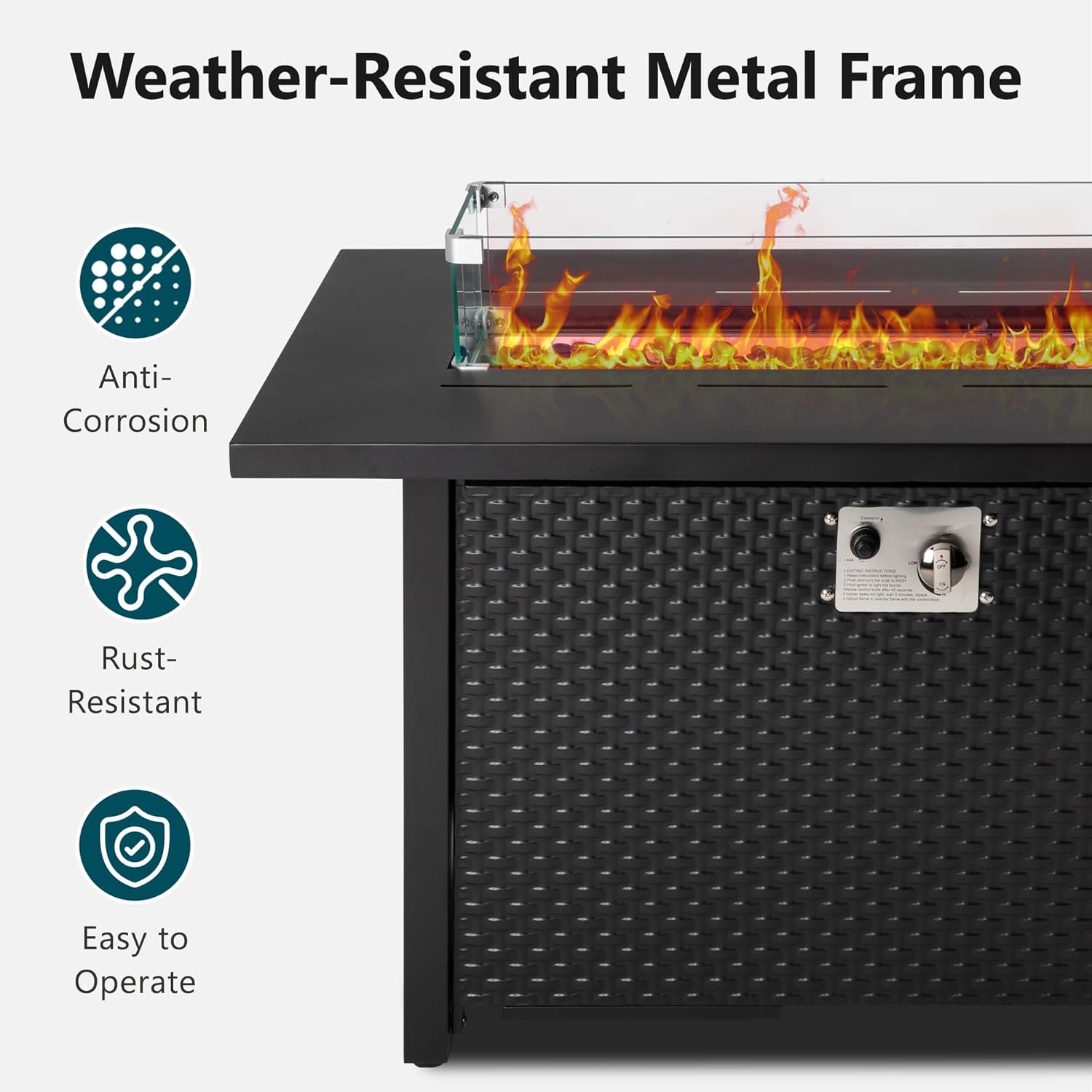 Royalcraft 43?Outdoor Propane Fire Table Set with Heavy-Duty Glass Stones, Glass Wind Guard, Lid & Water-Resistant Cover, Rectangle Fire Pit Table, 50,000 BTU Metal Fire Pit Table for Patio, Deck