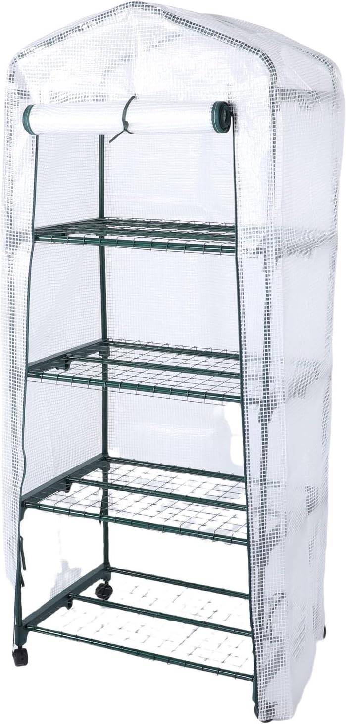 4 Tier Greenhouse with Wheels, 27.2x19.3x62.2in 360 Rotating Reusable Portable Warm House with Green PE Cover and Shelf for Compact Garden and Small Backyards (White)