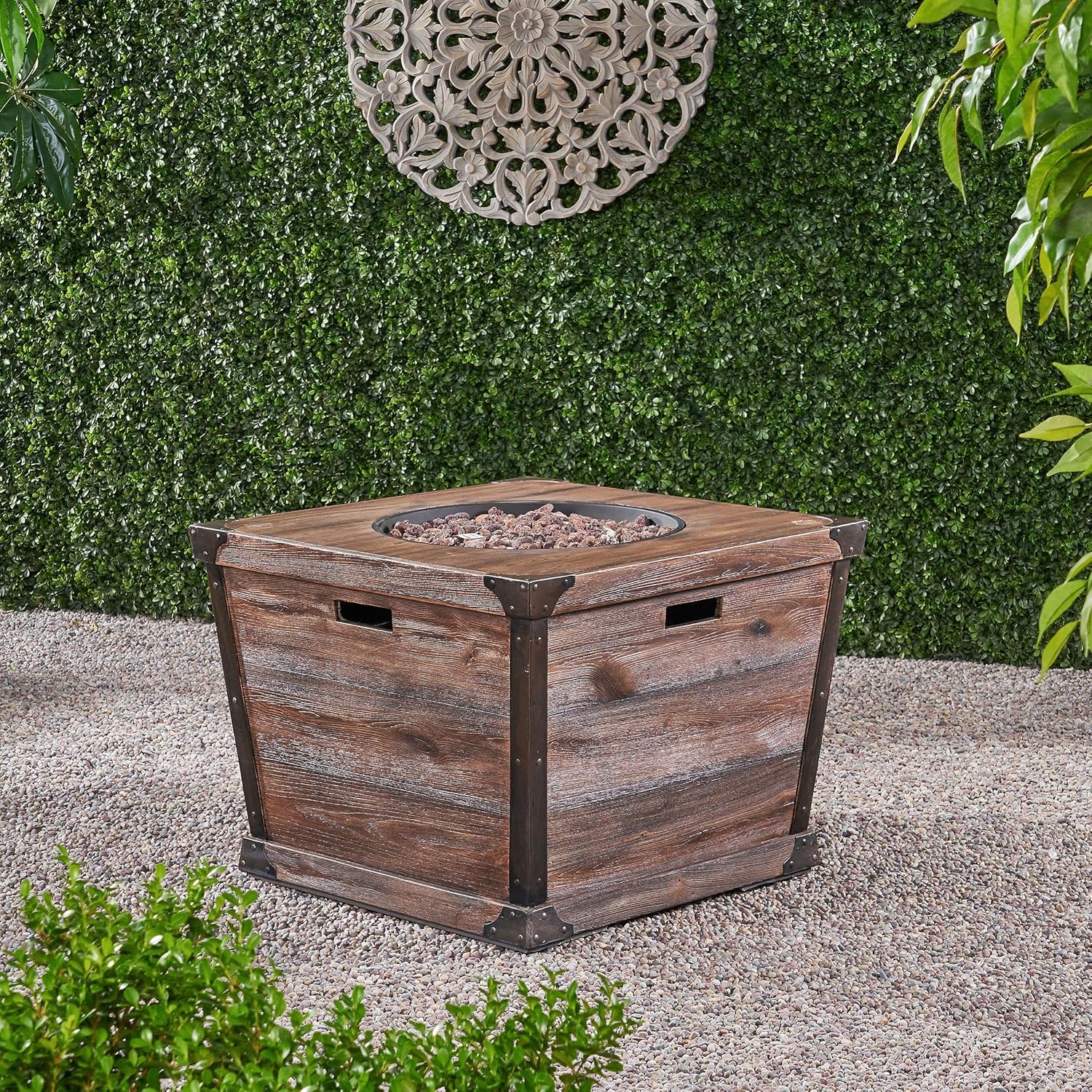 Outdoor Patio 24x32 Inches Square Gas Fire Pit-Concrete Wood Pattern, 40,000 Btu, Includes Hidden Tank-Brown, Backyard & Gatherings (1 Doors)