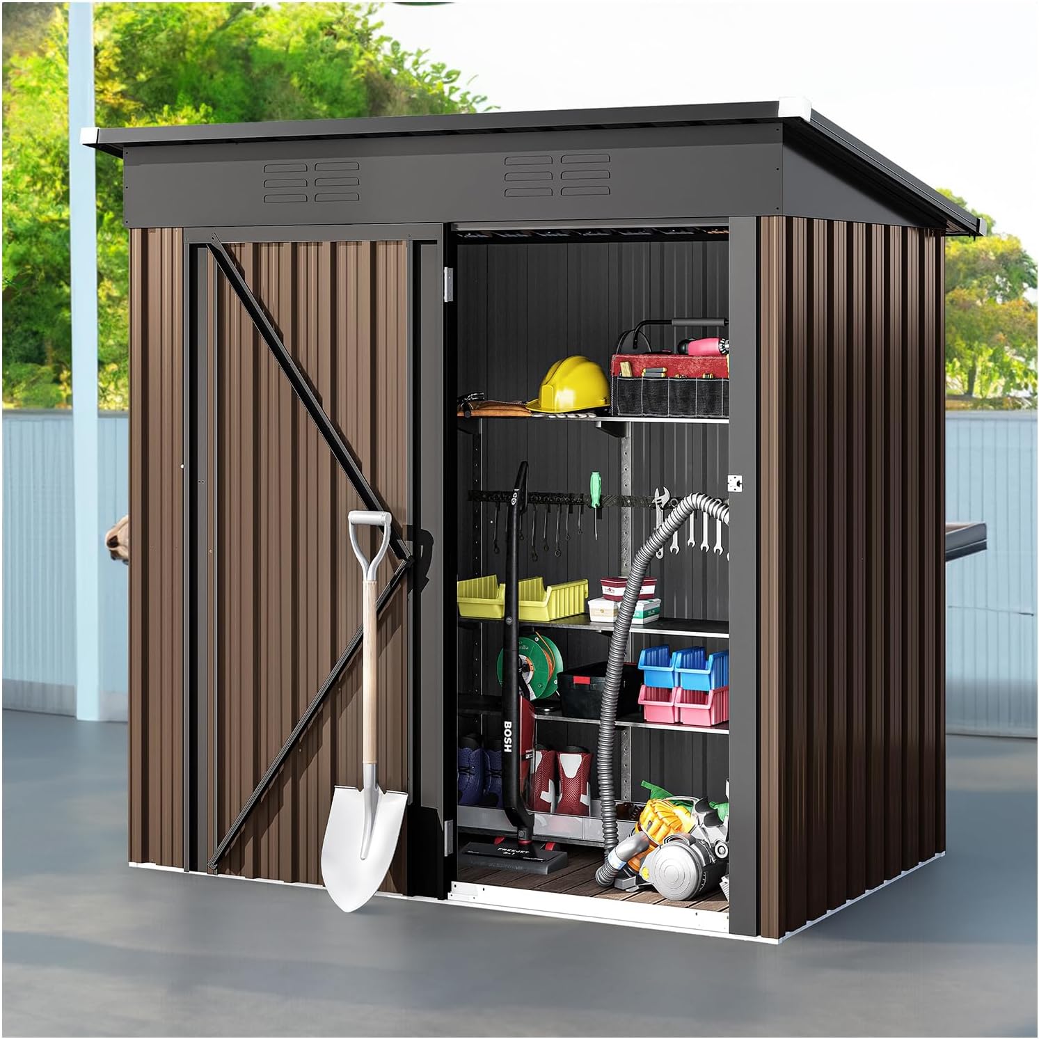 New 5x3 FT Two Tone Brown and Black Outdoor Large Storage Shed Metal Tool Sheds Heavy Duty Hinged Door Lockable House Patio Tool Garden Waterproof All Weather Rust Protect 54.7
