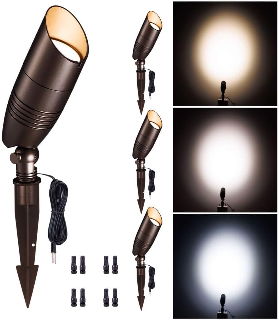 LED Spotlight, 3000K/4000K/5000K Adjustable Color Temperature Waterproof Outdoor Landscape Uplight, 12V AC/DC Wired Durable Aluminum ORB for Tree Garden Wall 4 Pack