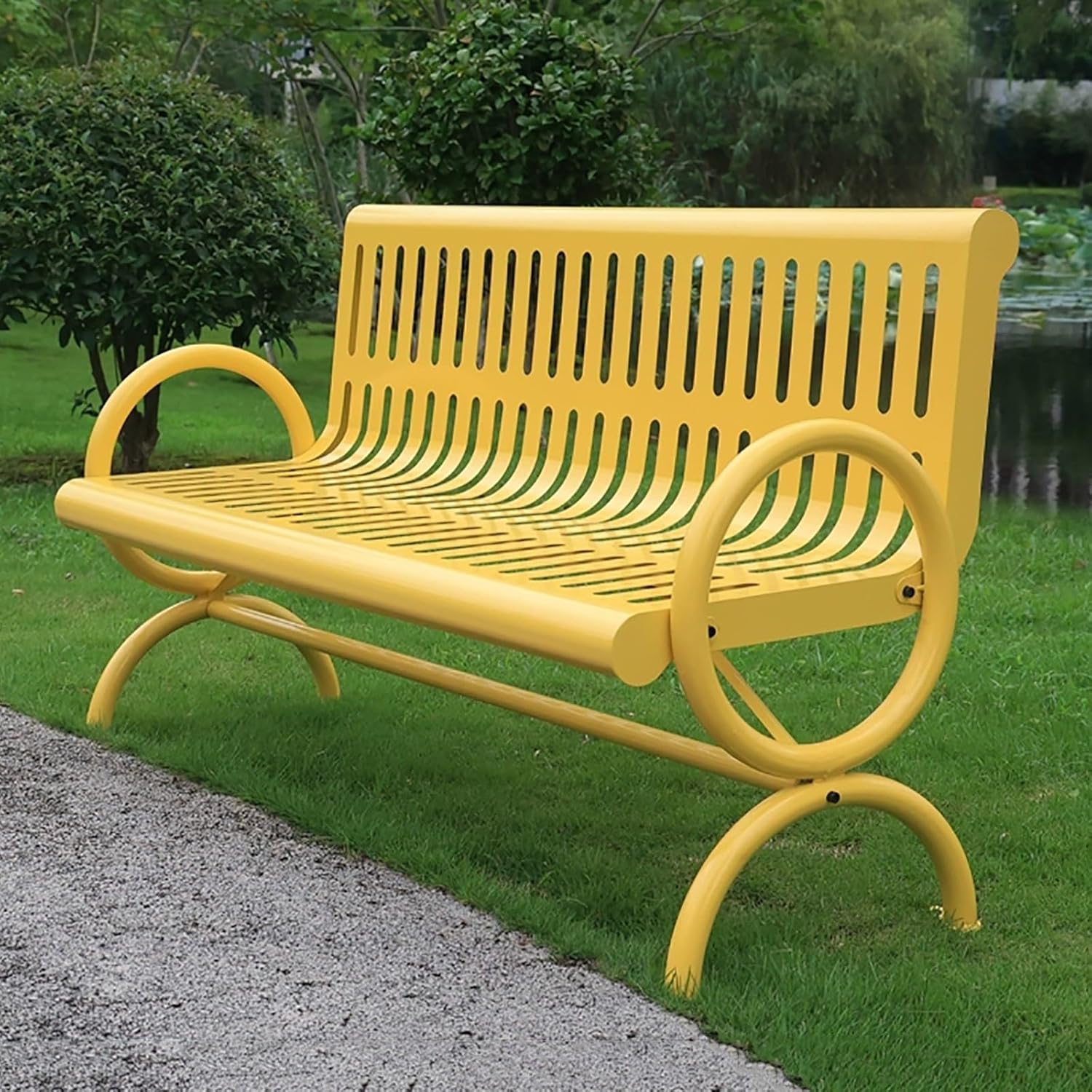 Outdoor Metal Garden Bench with Backrest & Armrests, Weatherproof Cast Iron Steel Frame for Patio, Porch, Park, Lawn, Entryway - 5ft Yellow Garden Furniture