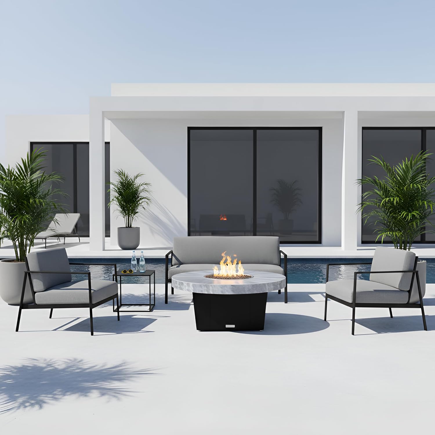 COOKE Parkway Circular Fire Pit Table - 48 Diam - Propane - Brushed Aluminum Top - Black Powdercoat Base