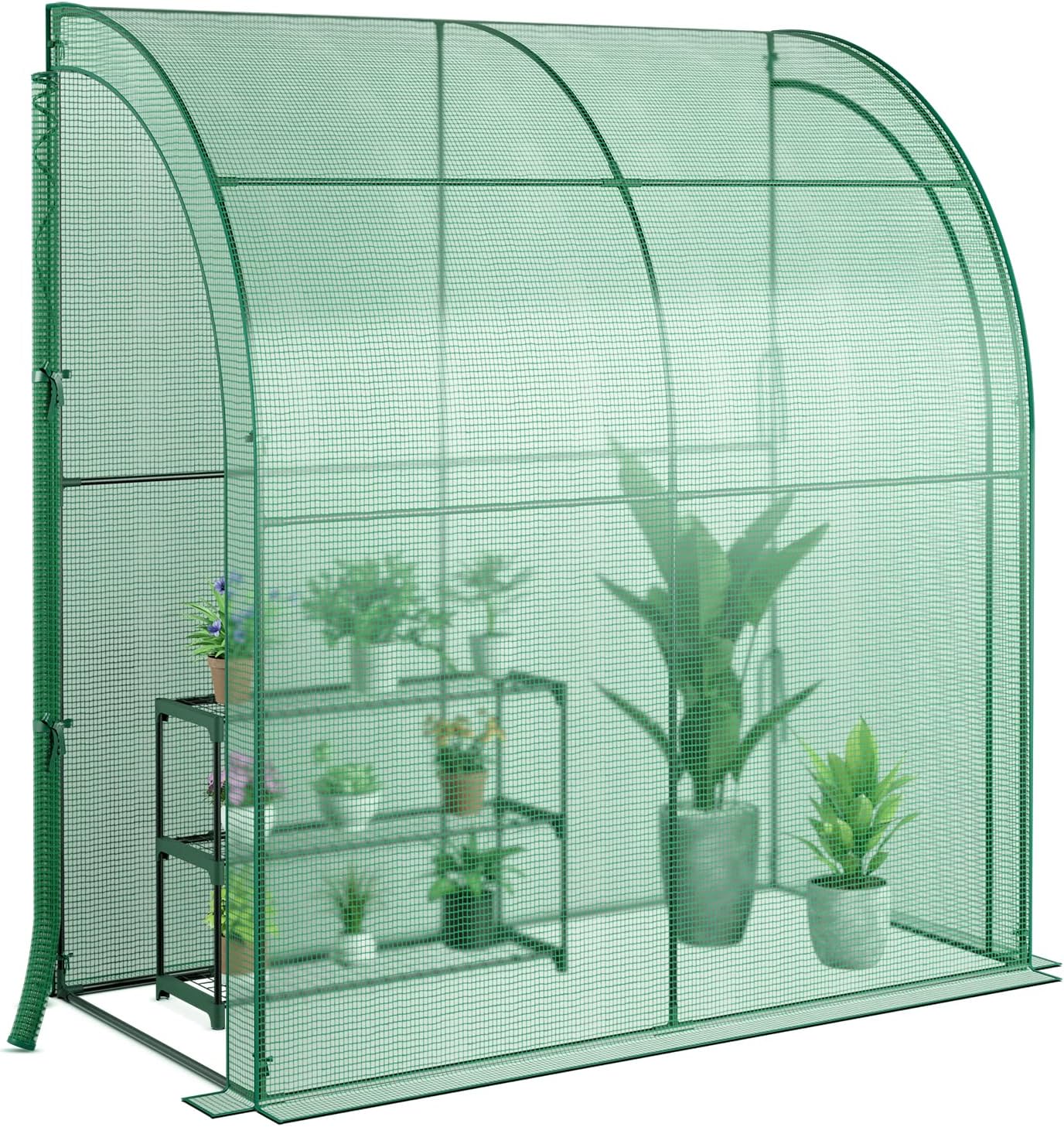SAFSTAR 7 x 3.5 x 7 ft Greenhouse, Mini Lean-to Walk-in Green House with 3 Tiers Flower Rack & Weatherproof PE Cover, Roll-up Zipper Doors, Indoor Outdoor Garden Greenhouse for Seedling & Pot