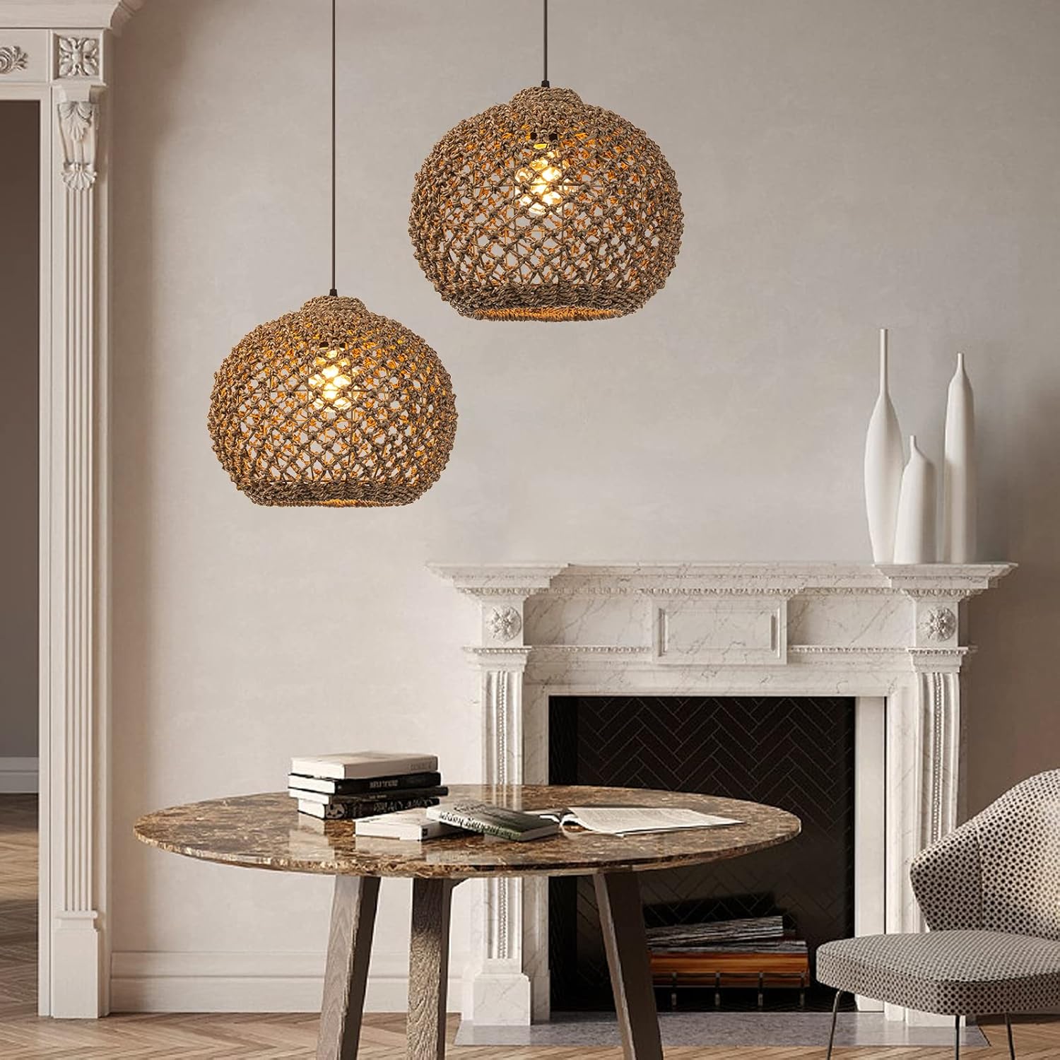 Arturesthome 1 Light Rattan Woven Pendant Lighting Fixture Lamp Shades, Hand-Woven Ceiling Chandelier, Handmade Hanging Light Crafts Lampshade W 13.7