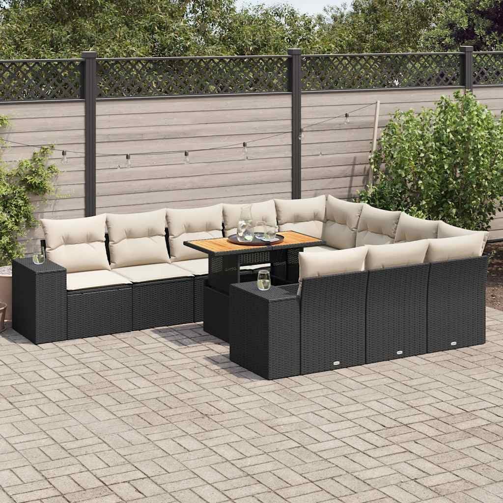 10-Piece Garden Sofa Set, Black PE Rattan, Powder-Coated Steel Frame, Acacia Wood Table, Modular Outdoor Patio Furniture Set with Cushions, UV Resistant, Water Repellent