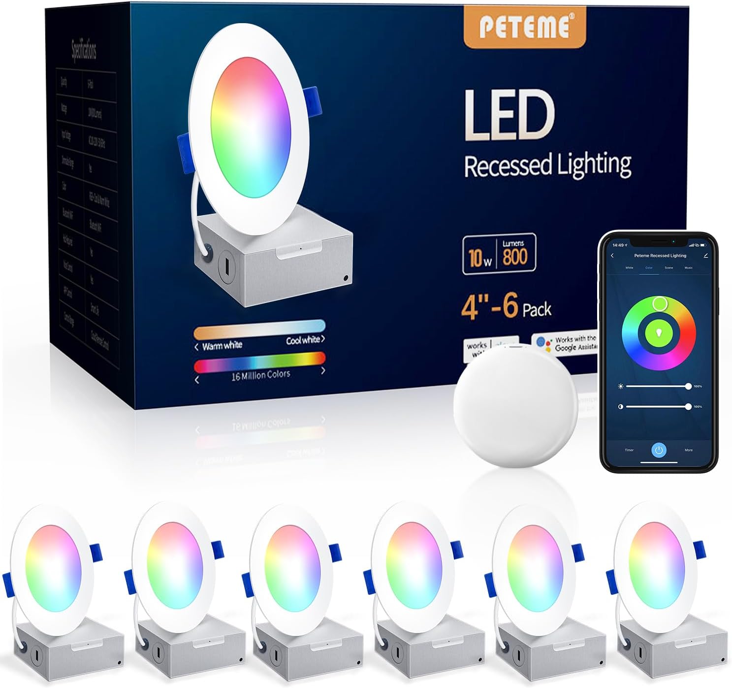 Peteme LED Smart Recessed Lighting 4 Inch Recessed Light IC Rated ETL Certified, Peteme Canless Ceiling Light RGBCW Color Changing Outdoor Soffit Downlight with J-Box for Alexa, 10W 800LM 6Pcs