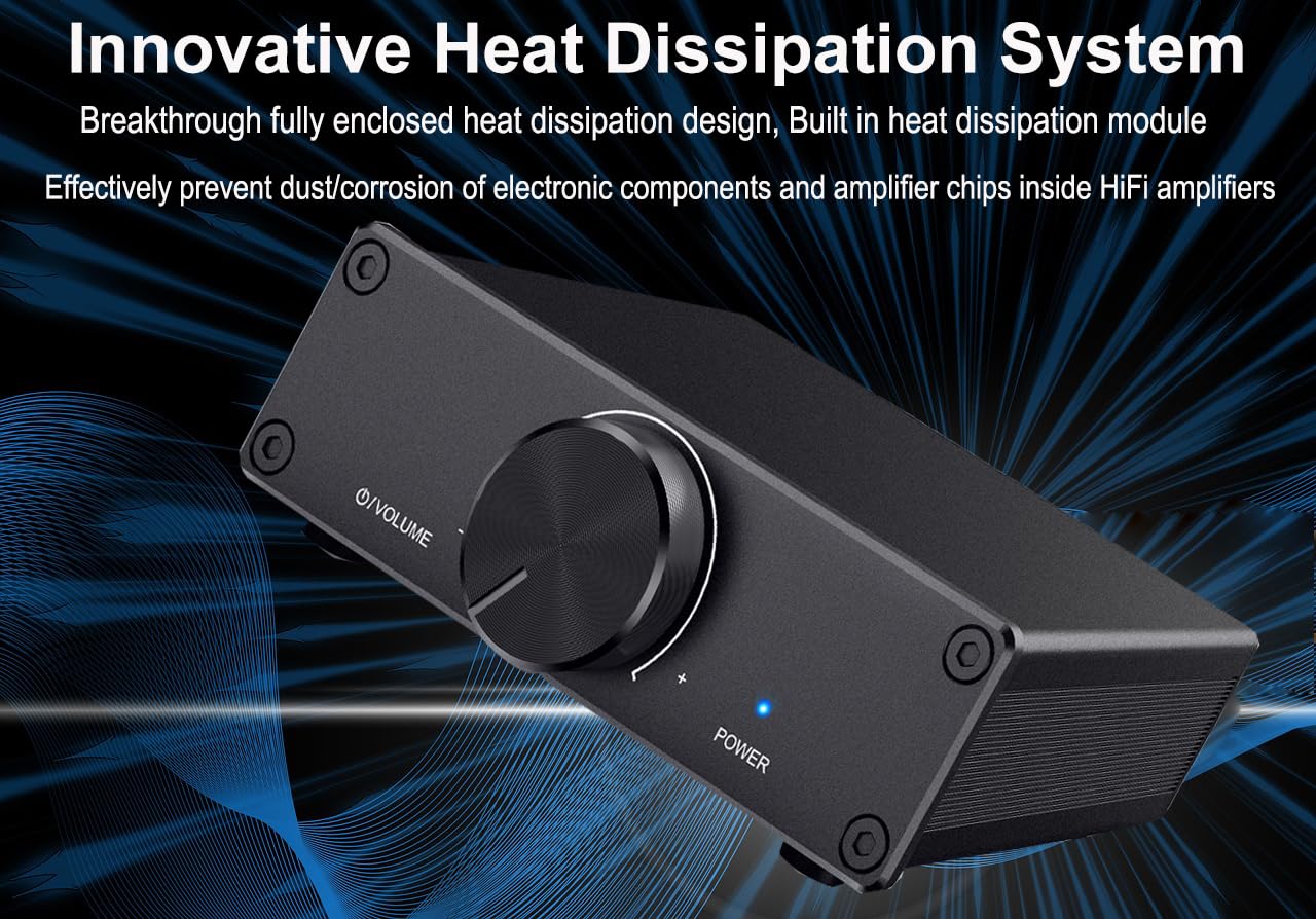 TPA3255 HiFi Class D Power Amplifier, 300W×2 Stereo Amplifier 2 Channel Audio Component with Innovative Heat Dissipation, for Home Theater, Outdoor Setups & Bookshelf Speakers, DC 32V Adapter Included