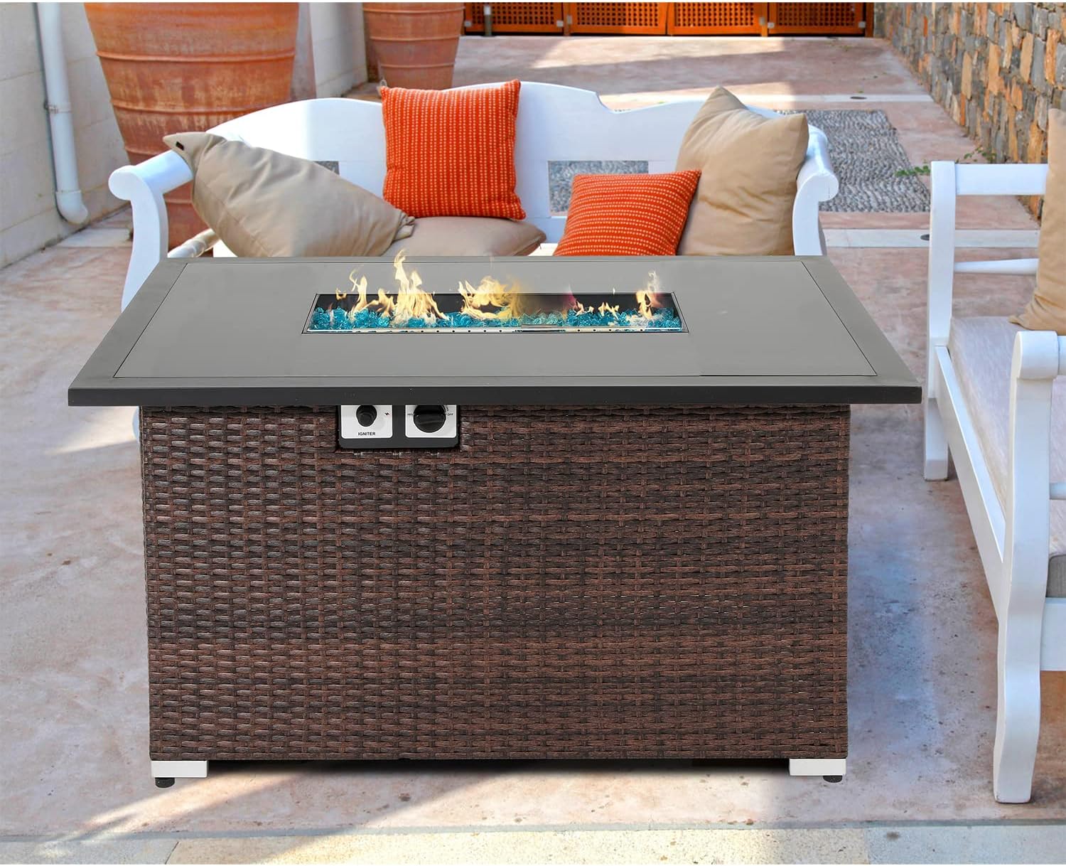 HOMPUS Outdoor Patio Propane Gas Fire Pit Coffee Table 44-Inch 40,000 BTU Rectangular PE Wicker Patio Fire Place, Waterproof Cover and Free Fire Glass, Internal Tank Storage, Brown