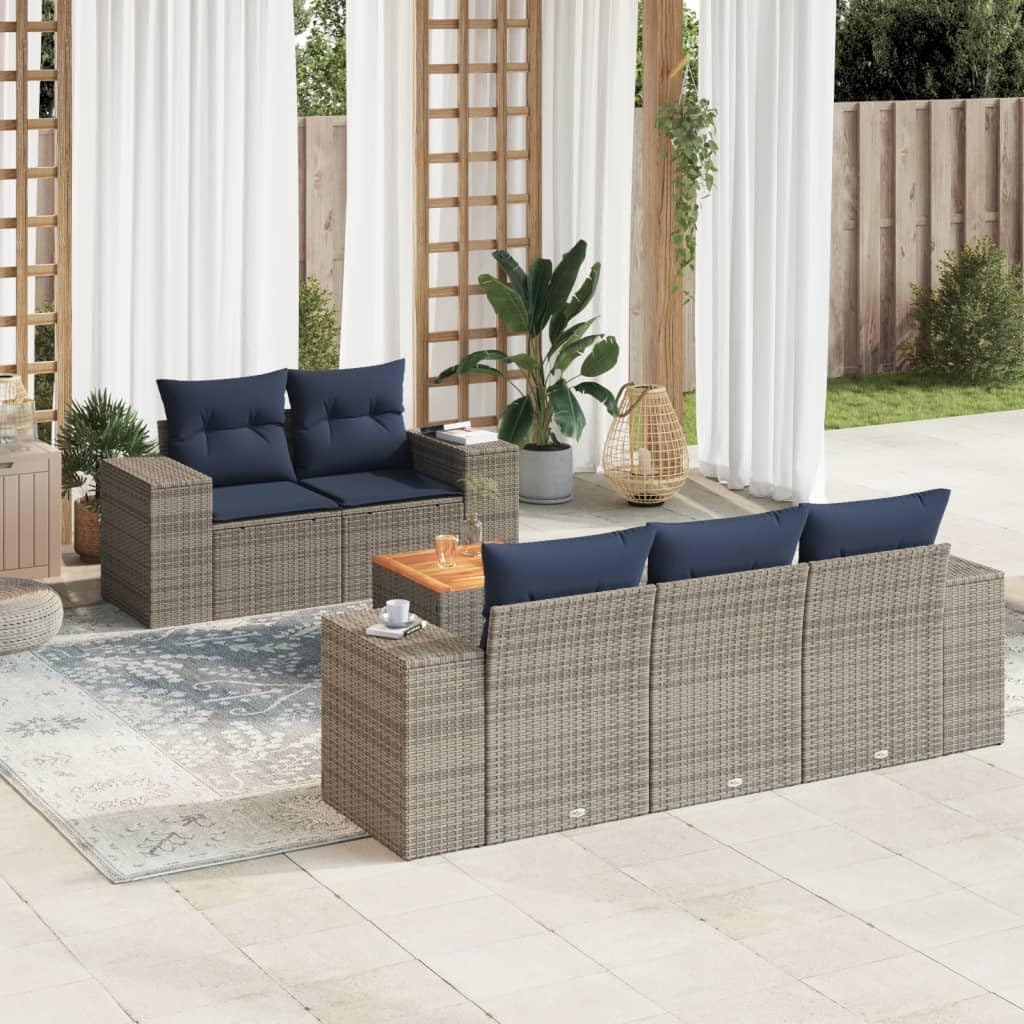 Gray 6 Piece Patio Sofa Set with Cushions, PE Rattan Outdoor Furniture for Backyard Balcony, Modular Garden Table and Chairs Set