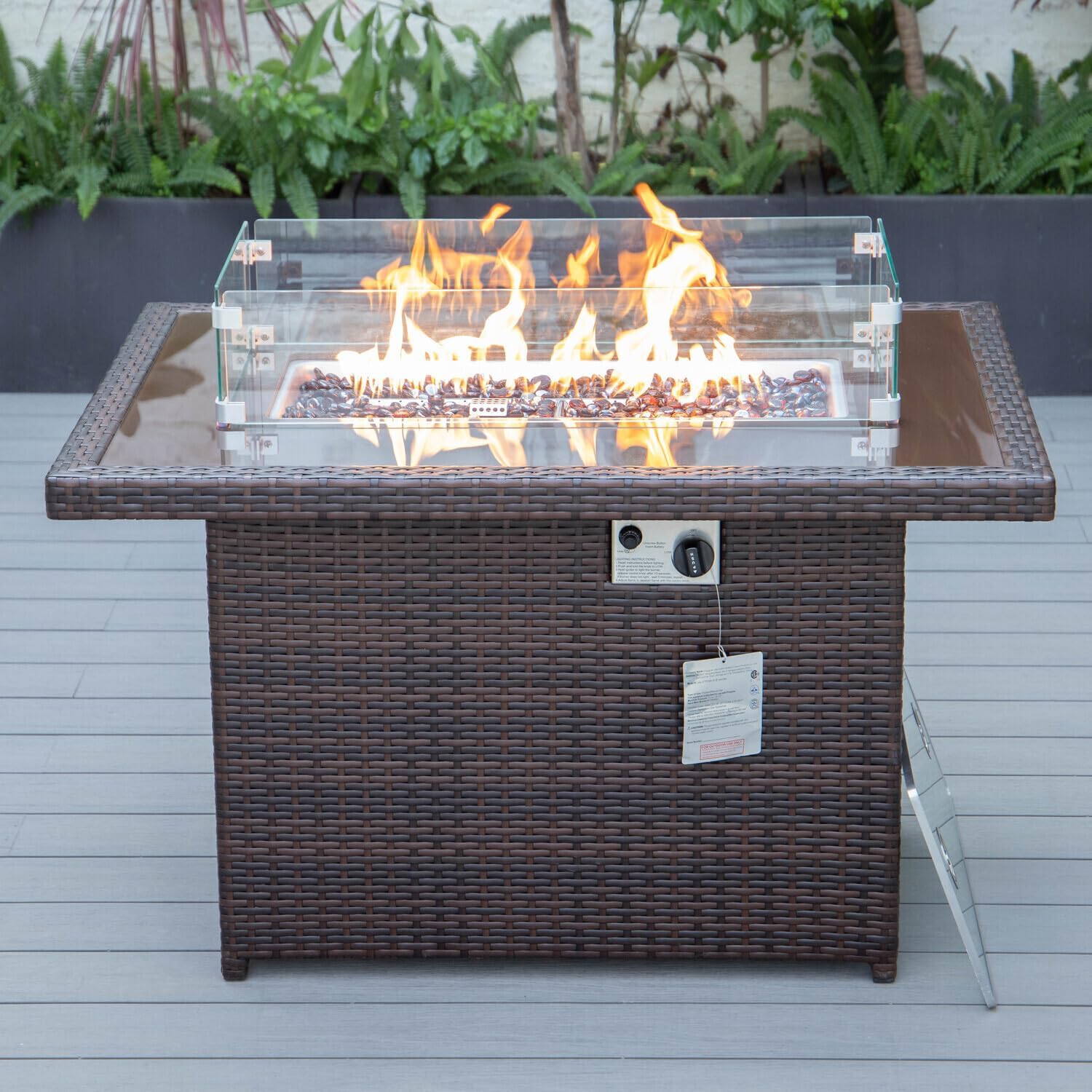 Vintage Vogue Wicker Patio Modern Propane Fire Pit Table 44x44x24-55,000 BTU, Tempered Glass Shield, Adjustable Flame