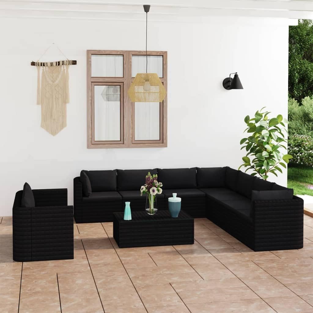 11 Piece Patio Lounge Set with Cushions Poly Rattan Black,Premium Modular Patio Lounge Set: Durable, Stylish, and Relaxing Patio Furniture Sets, Outdoor Furniture Sets