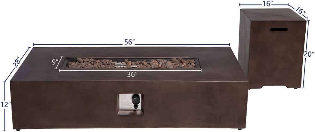 SUNBURY Outdoor Propane Fire Pit, Rectangle Dark Brown Patio Fire Table 50,000 BTU w 20 lbs Tank Cover, Waterproof Cover for Garden, Backyard