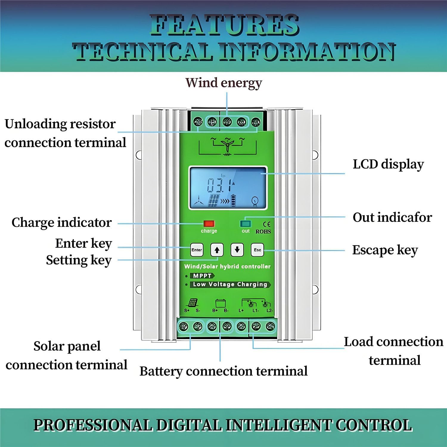 16000W Wind Solar Hybrid Controller,LCD Display MPPT Boost Charging Multifunctional Wind Solar Controller,with Booster Function and Dump Load,for Home,Boat,Street Light 24V