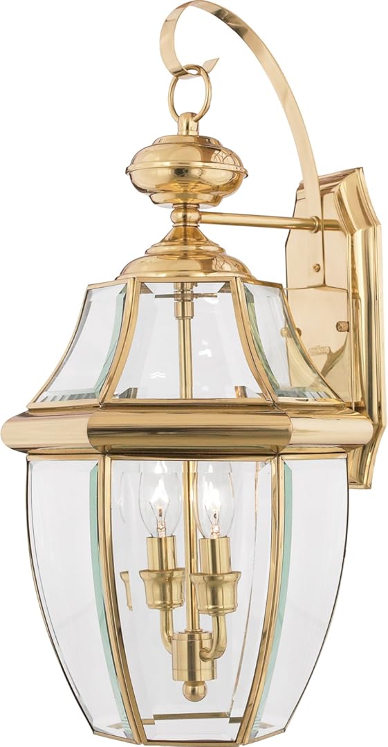 Quoizel Newbury Outdoor Wall Lantern, 20 Inch 2-Light Polished Brass Wall Sconce, French Country Exterior Wall Lantern Fixture, E12 Base, Clear Glass, Outside Lights for Patio, Porch, Garage or Yard
