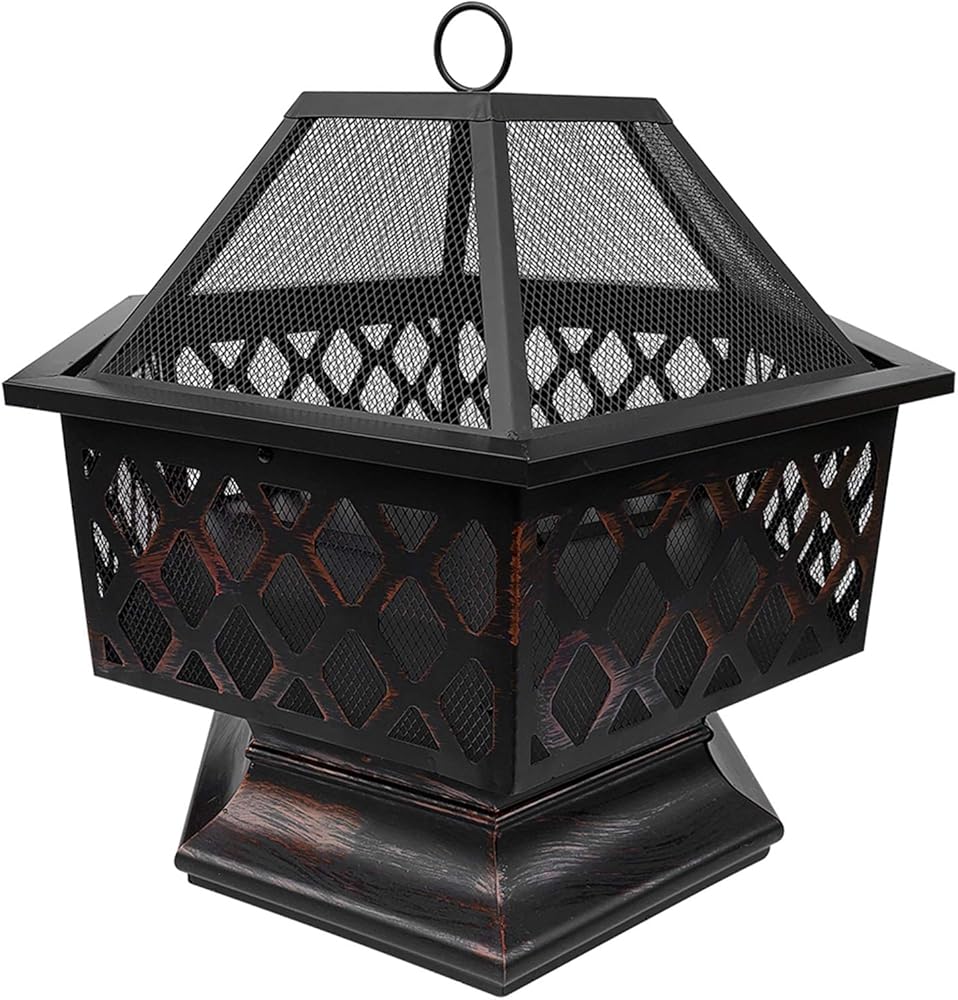 Steel Hexagonal Fire Pit, Outdoor Black Steel Garden Patio Heater Outdoor Garden fire Pit with mesh Cover Steel Firebowl Heater Burner