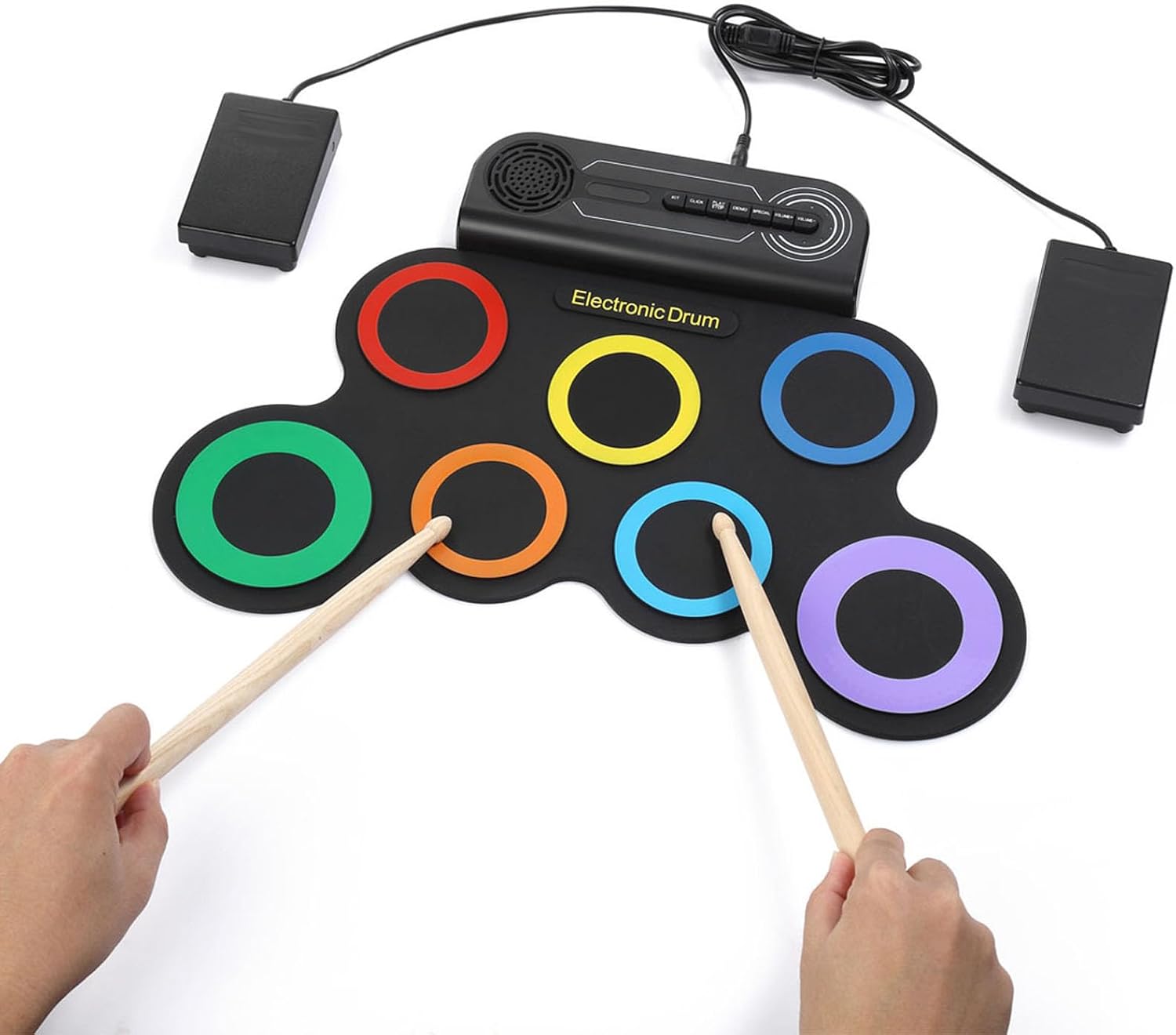 Jiawu Electronic Drum Set, 7 Pads Roll Up Electric Drum Pad Built in Speaker, Portable Drumming Practice Pad Machine with Pedals and Sticks, 10 Hours Playtime for Beginners