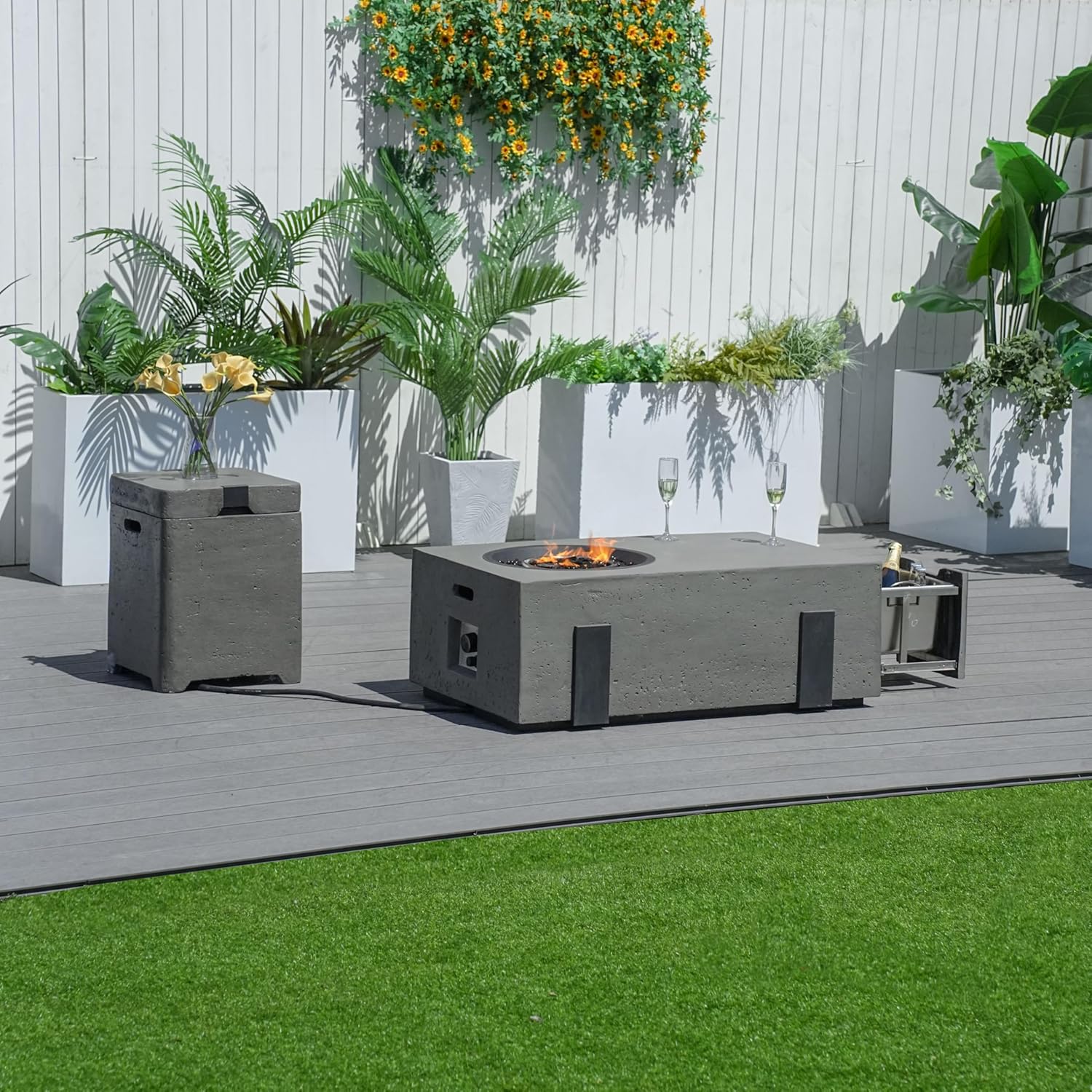 2 Piece 42-Inch Outdoor Fire Pit Table with 40,000 BTU Propane Gas, 3 in 1 Fire Pit, Baking Sheet, Wind Guard & 16-Inch Tank Side Table for Garden, Backyard, Deck & Pool, Grey