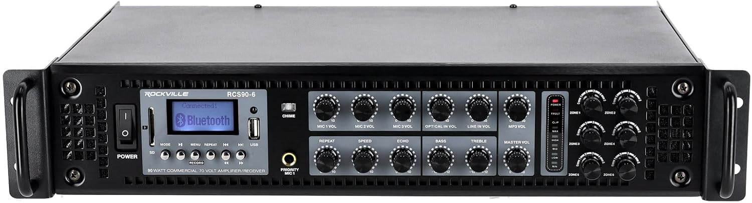 Rockville RCS90-6 90 Watt 6 Zone 70V/100V Commercial Amplifier Receiver, Bluetooth, 3 Mic Inputs, USB/SD, Rack Mount, for Restaurants, Bars, Cafes, Schools, Lounges, and Offices.