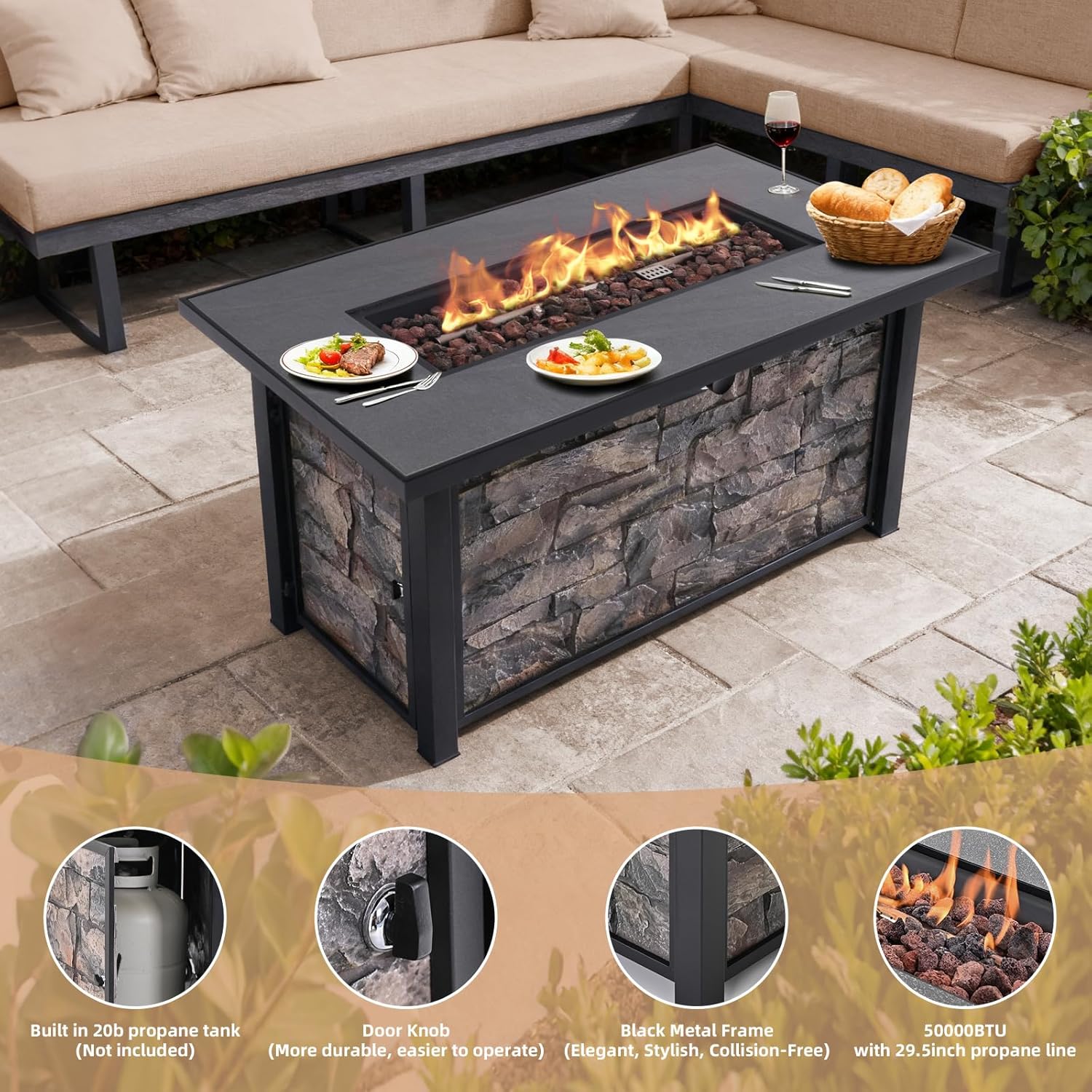 48'' Propane Fire Pit Table, 50000 BTU Outdoor Gas Fire Pit, Patio Heater with Stone Panel, Ceramic Tabletop & Aluminum-Coated Steel Tube Legs, Lava Rocks, Metal Lid and Rain Cover for Outside Patio