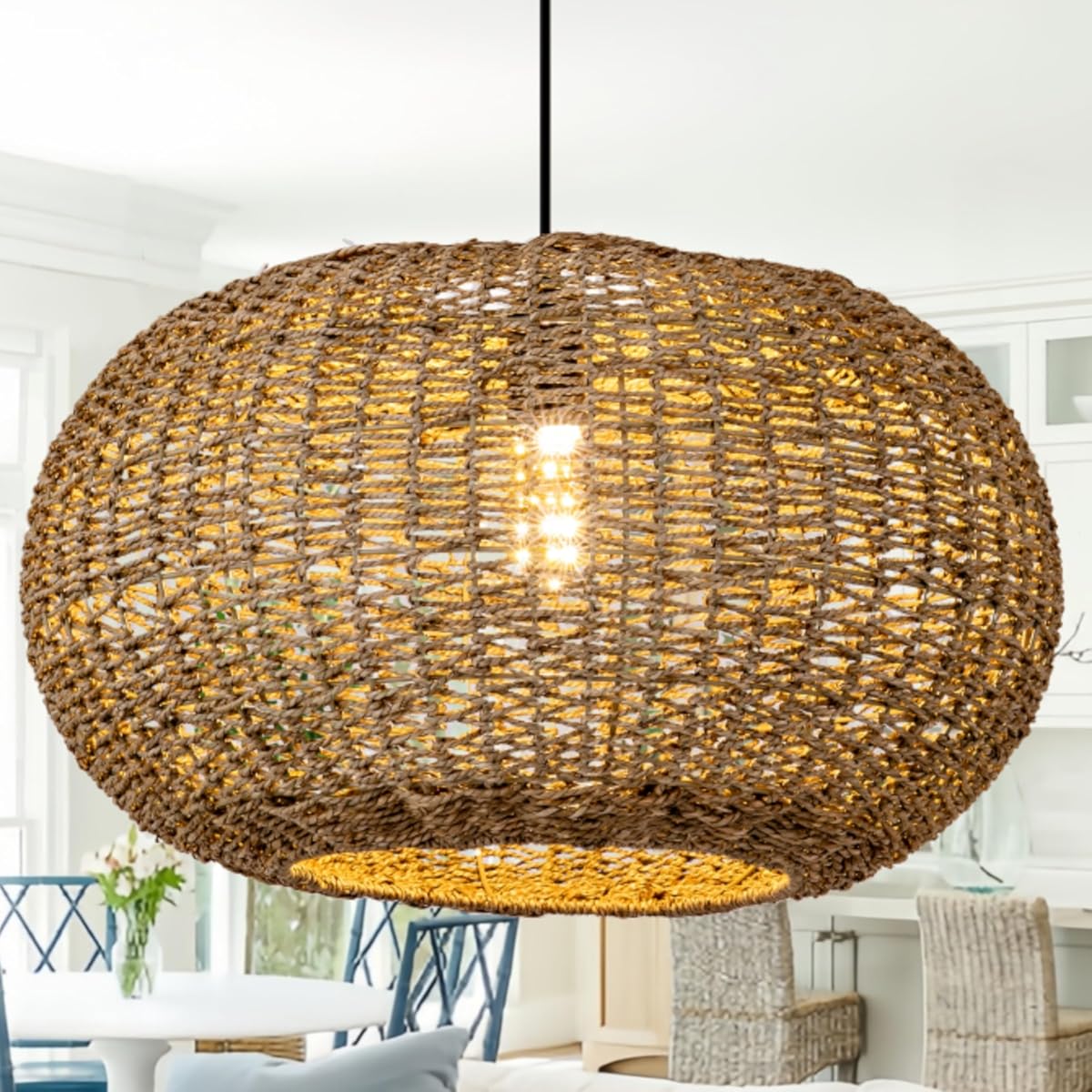 19.7in Rattan Light Coastal Pendant Lights Brown Wicker Hanging Ceiling Chandelier Lighting Fixture for Dining Room Restaurant Kitchen Island Living Room Hallway Yard Bedroom 1-Light
