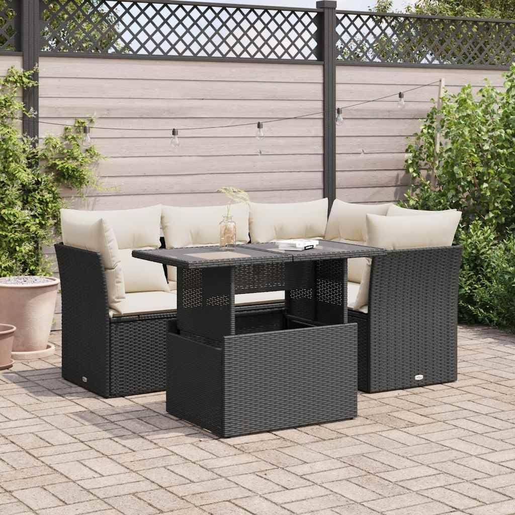 5-Piece Garden Sofa Set in Black and Cream White, Modular Outdoor Furniture with Weather-Resistant Cushions and Hidden Storage Under Seats for Patio Terrace