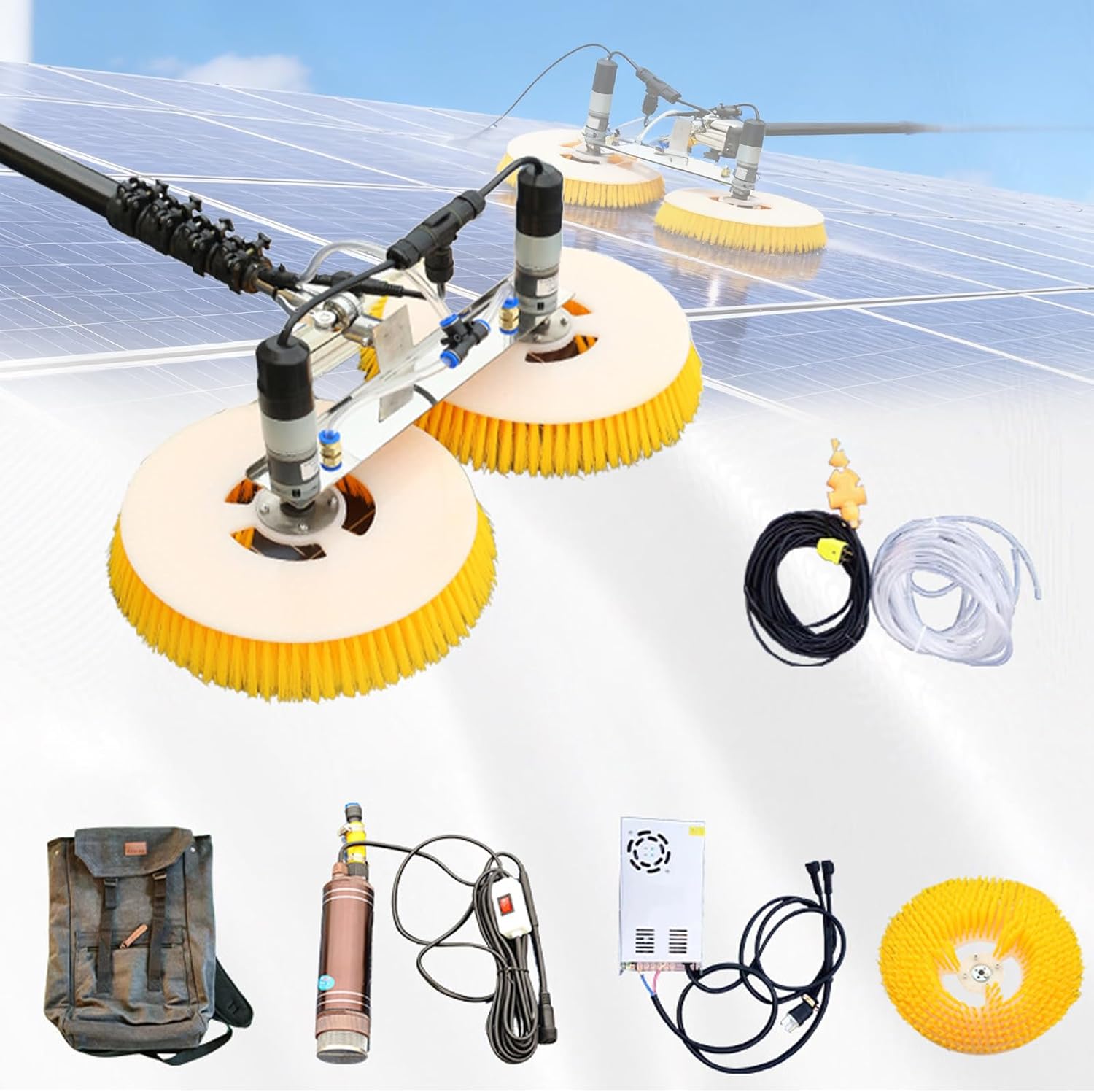 Solar Panel Cleaning Kit with Automatic Dual Head Brush, Adjustable Water Supply Pole, Electric Pool Cleaning Brush, Outdoor Window Washing Equipment, Washing Device Tool 6m