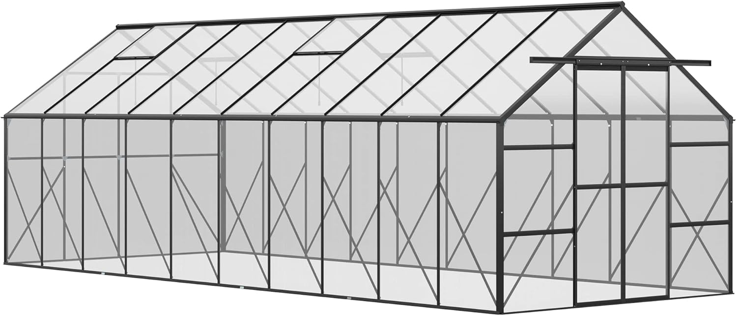 Outsunny 20' x 8' Polycarbonate Greenhouse with Aluminum Frame, Walk-in Garden Greenhouse Kit with Adjustable Roof Vent, Rain Gutter and Sliding Door for Backyard, Patio, Clear