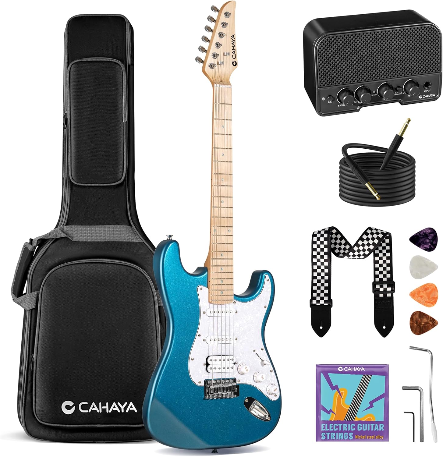 CAHAYA Electric Guitar Set Beginner - 39in Starter Guitar Kit with HSS Pickup Solid Okoume Body Electric Guitar Adults with Amplifier Gig Bag Strap Picks Strings Cable Blue