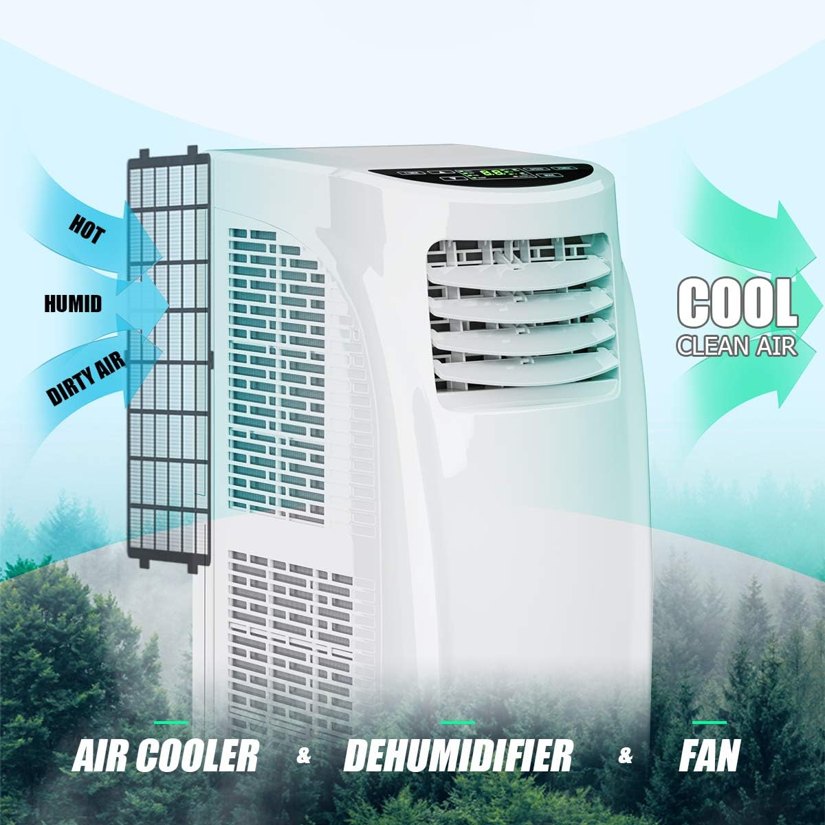 HOMGX 3-in-1 Portable Air Conditioner, 8,000 BTU Powerful Air Cooler w/Fan, Dehumidifier & Sleep Mode, 2 Wind Speeds, 24H Timer, Remote Control & LED Display, Cool Rooms up to 230+ sq. Ft