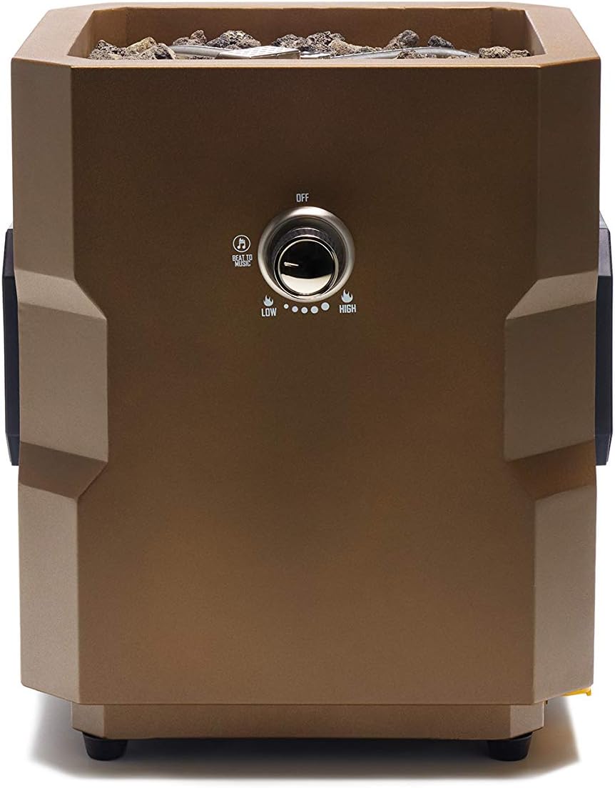 Onlyfire Tailgater II Music Fire Fit Table by Beat Fire to Music Technology - Portable Brown Camping Fire Pit with Stainless Steel Burner, Lava Rock & Built-in Entertainment Sound System