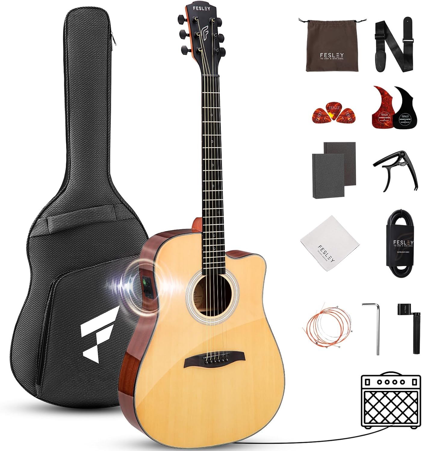 Acoustic Electric Guitar Kit: 41 Inch Full Size 6 String Cutaway Acoustic Guitar for Beginner Adults, Guitarra Electroacústica with Steel String, Built-in EQ, Gig Bag, Capo, Strap, Picks
