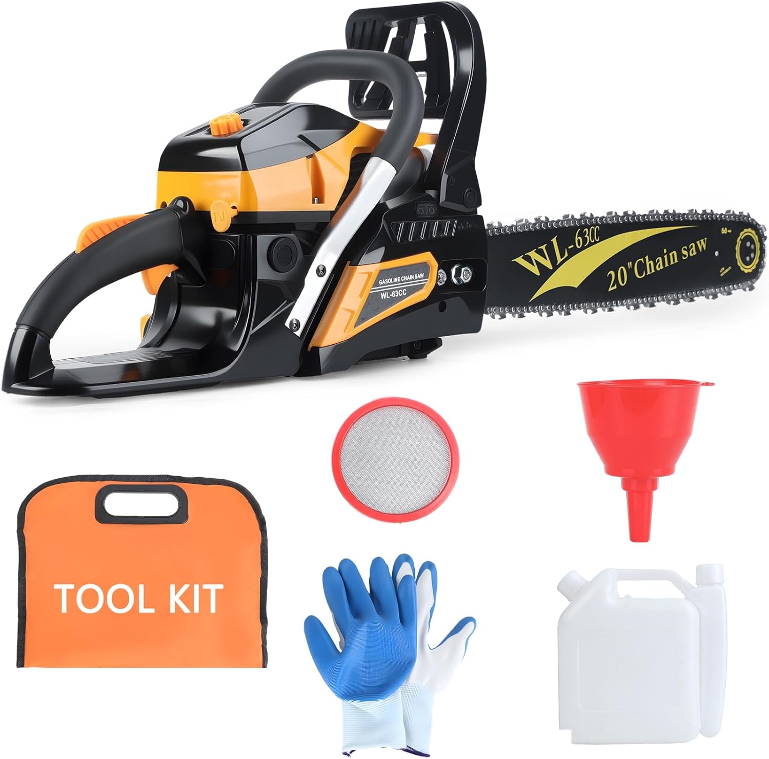 63CC Gas Chainsaws 20 Inch Gas Powered Chainsaw 2800W Engine with 2 Stroke Gas Power Chain Saw for Cutting Wood Outdoor Garden Farm Home 20 Inch Yellow