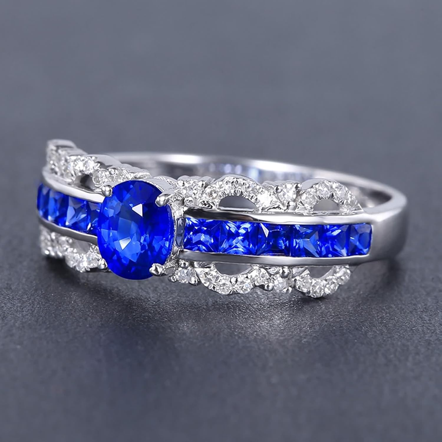 18K White Gold Ring for Women, Proposal Ring Lab Created Sapphire 4 Claws White Gold Band with Moissanite for Engagement Wedding