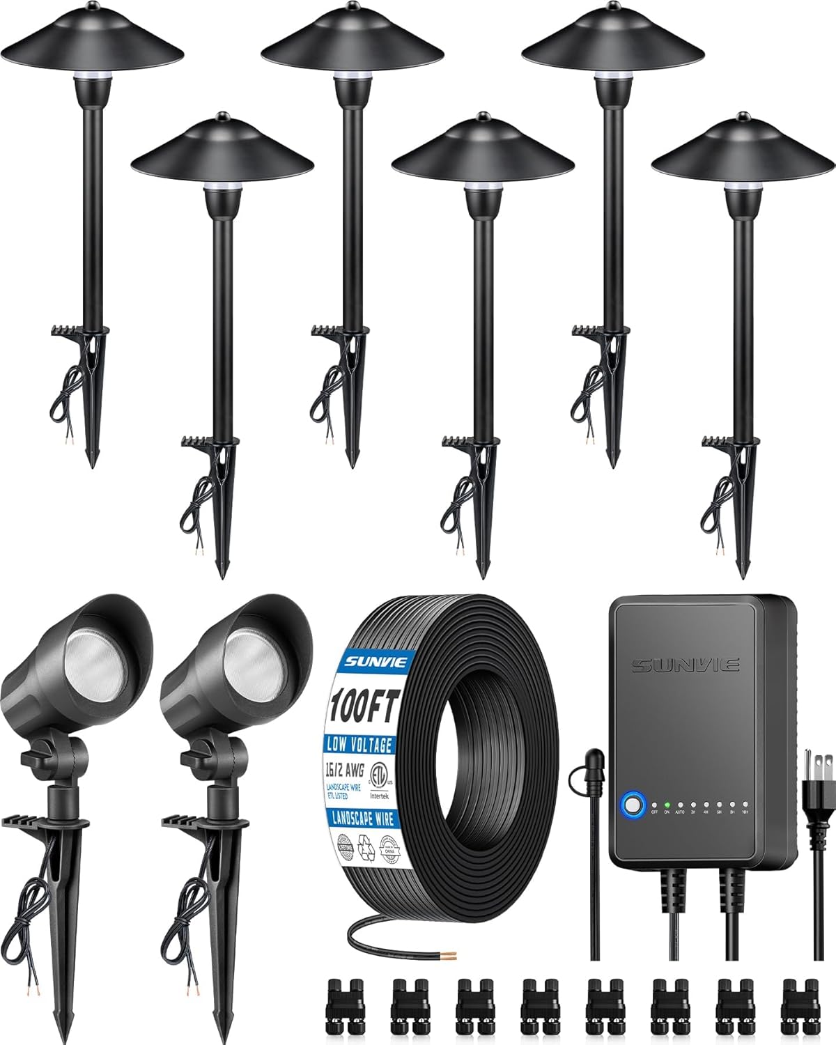 SUNVIE All-in-ONE Landscape Lighting Kit 6-Pack LED Outdoor Pathway Lights, 2-Pack Spotlights, 60W Transformer, 100FT 16/2 AWG Wire and Connectors Outdoor Landscape Lighting for Walkway Garden Yard