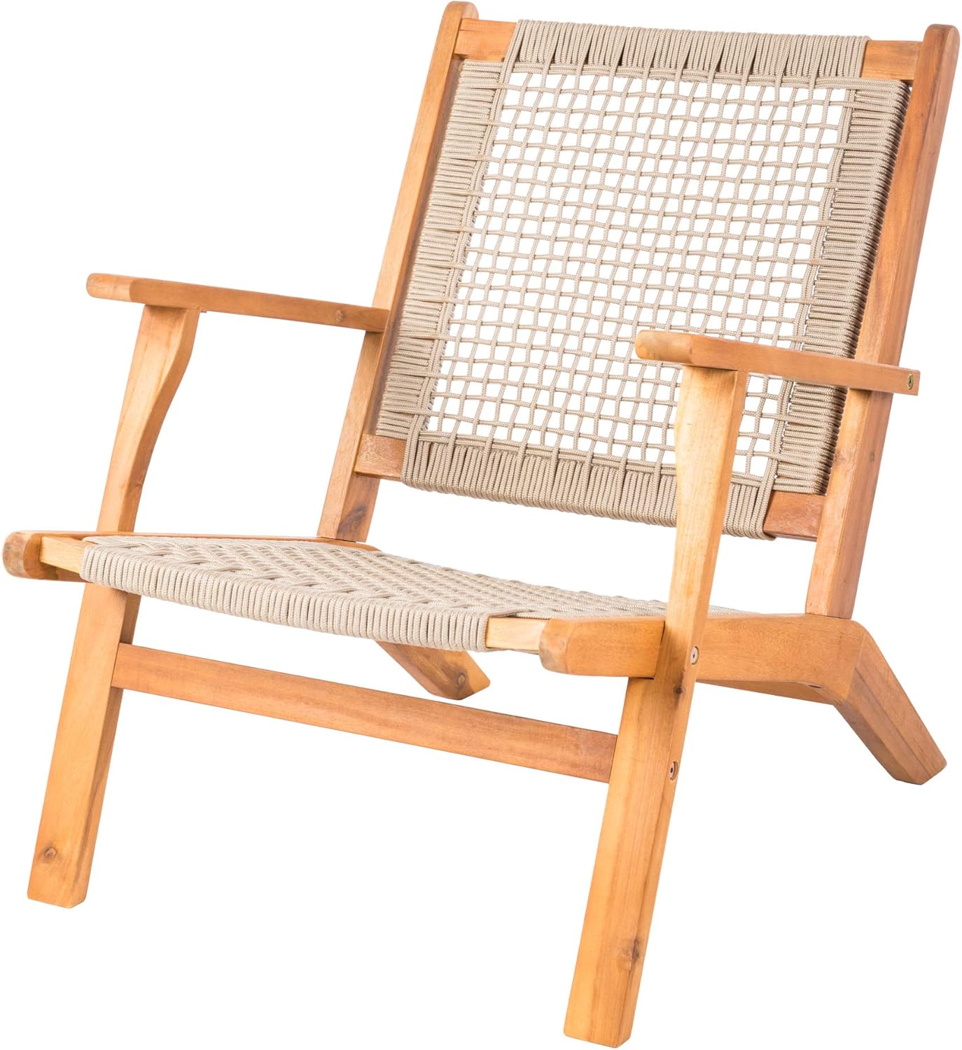 Balkene Home 62773 Vega Natural Stain Outdoor Chair Acacia Wood Construction Hand Woven Seat Mid Century Design Comfortable Reclining Armchair Patio Lawn Garden Backyard Deck - Ecru Cording