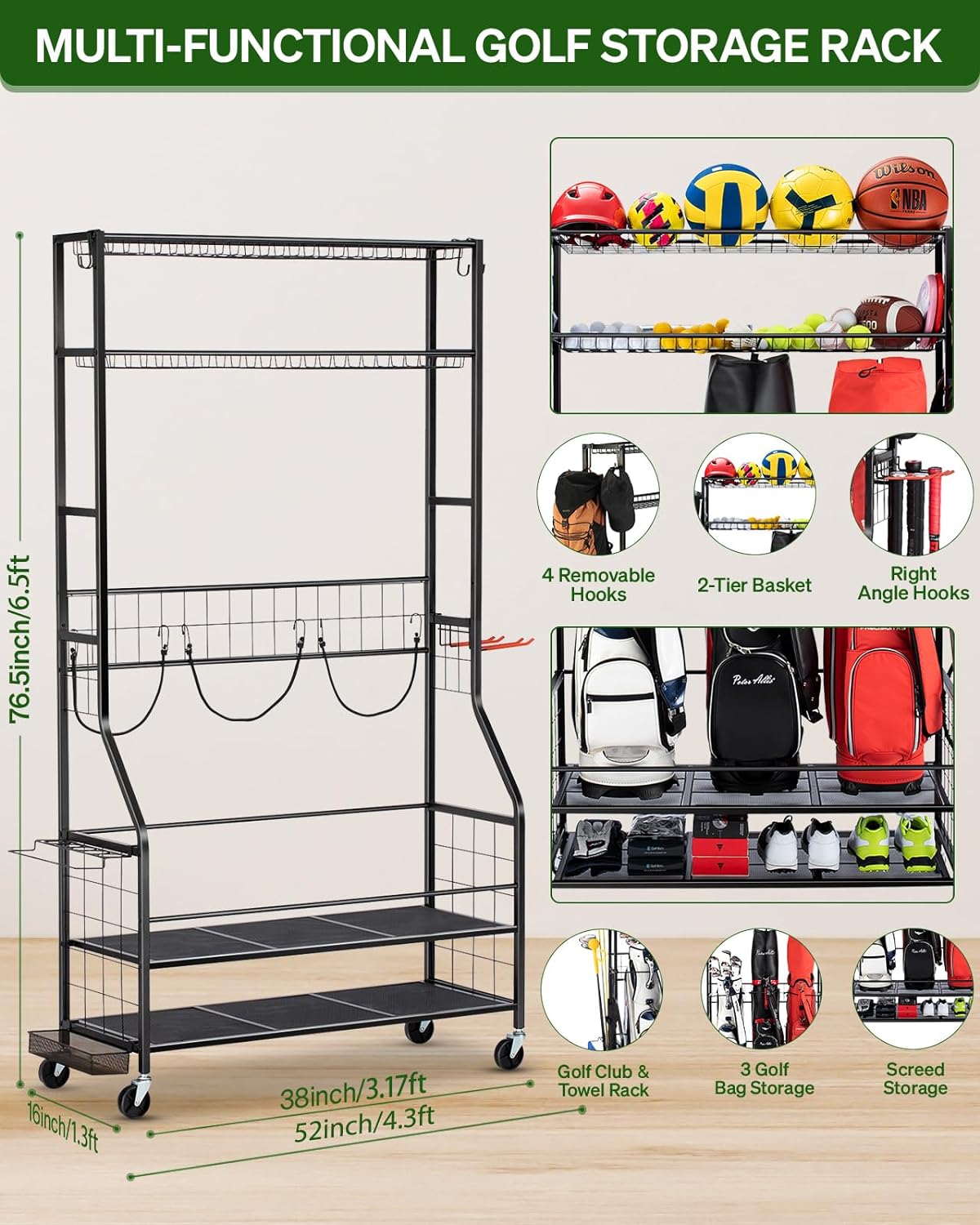 Golf Bag Storage Garage Organizer, 3 Golf Bag Stand and Sports Equipment Storage Rack for Garage with Wheels, 4 Hooks, Golf Accessories Storage Rack with Extra Golf Clubs Display Rack