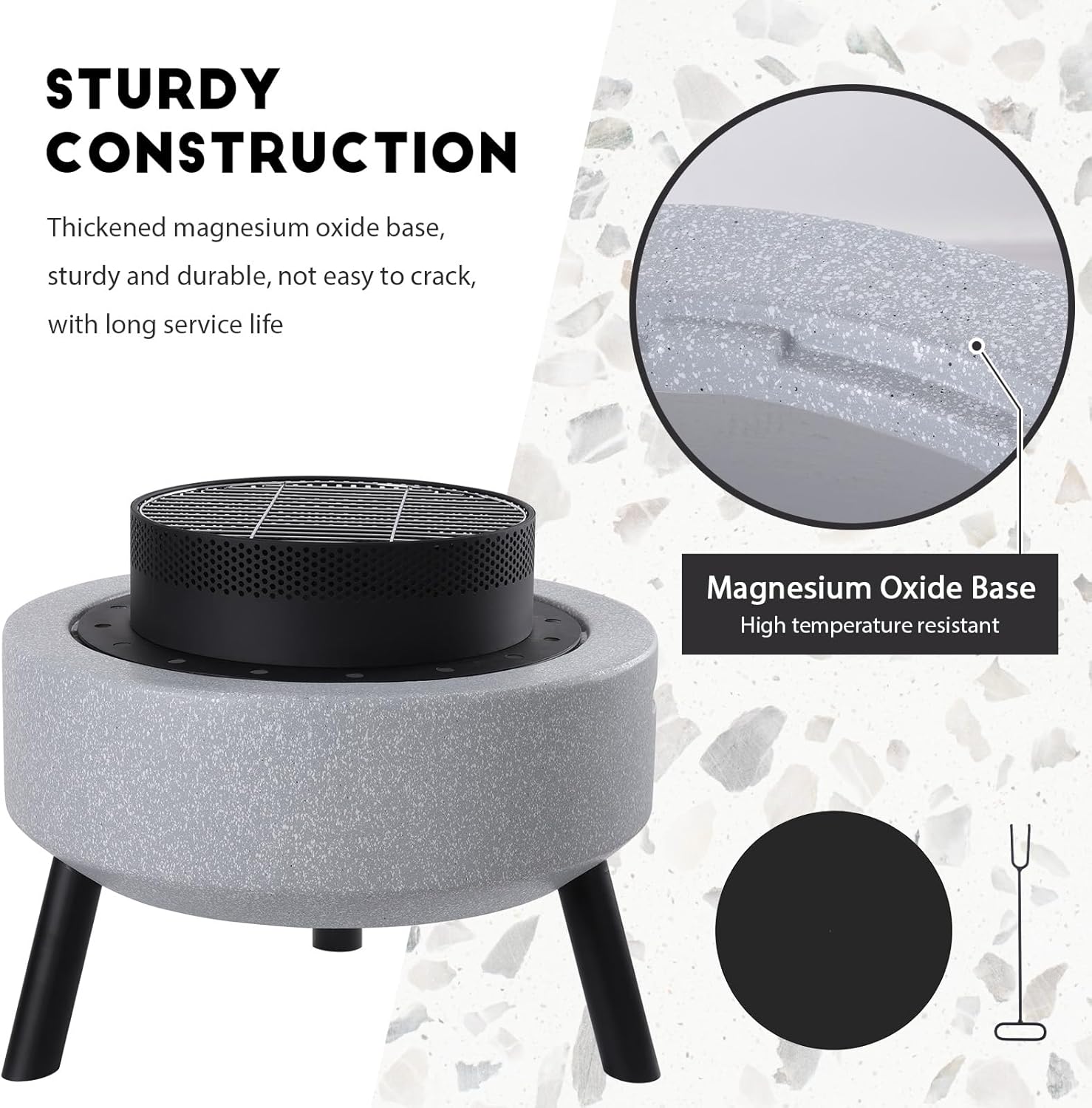 Outdoor Round Fire Pit 25” Faux Concrete Burning Firepit Portable Tripod Charcoal Grill for Patio Garden Backyard Barbecue, with Spark Screen, Firebowl, Poker, Stainless Steel Rack