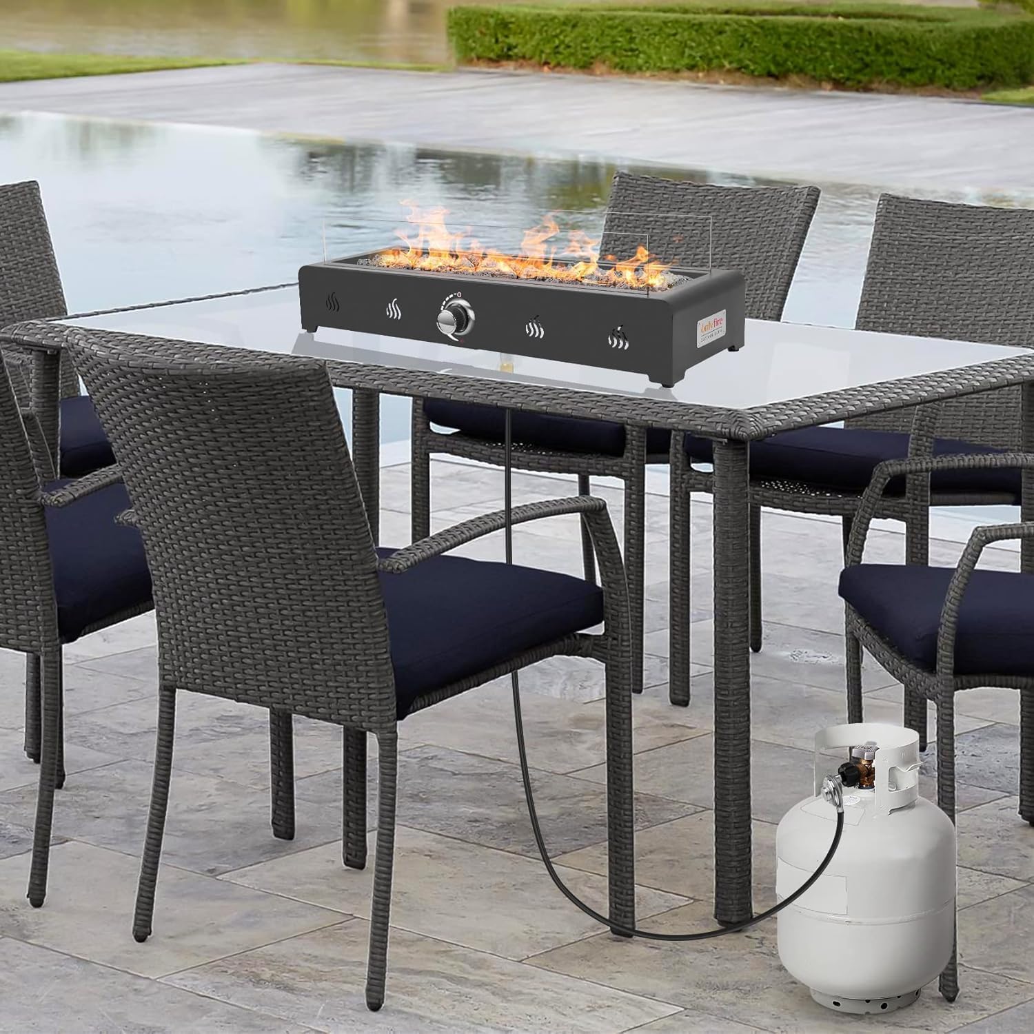 Onlyfire 28 Inch Tabletop Gas Fire Pit with Cover, Outdoor Propane Fire Pit with Bottom Air Inlet, Glass Wind Guard and Lava Rock