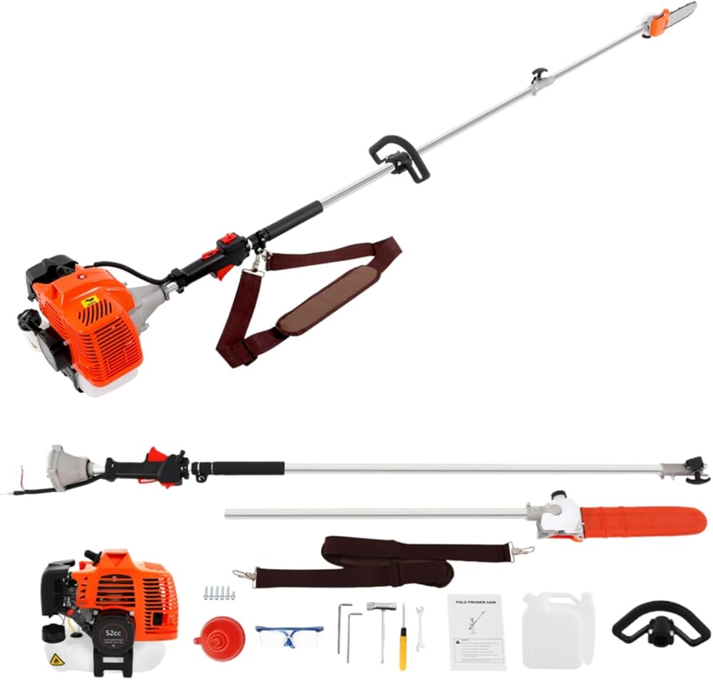 52CC Gas Pole Saw, 2 Stroke Gas Powered Pole Cutter Strimmer Gas Engine Multi Garden Tool with Extension Bar for String Trimmer Brush Cutter Edger Pole Saw Chainsaw Pruner