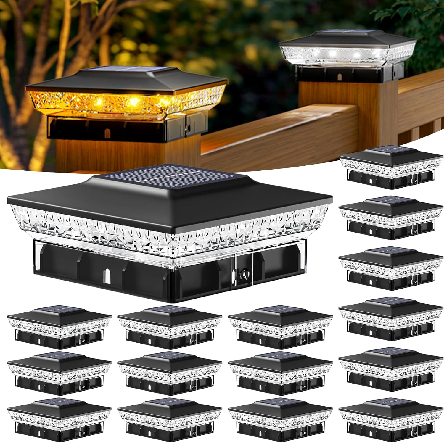 btfarm 4x4 Solar Post Cap Lights Outdoor, 16 Pack Fence Deck Post Lights Solar Powered, 2 Modes 16 LED Waterproof Black Outside Light Fit 3.5x3.5 4 x 4in Wooden/Vinyl Posts for Porch Patio Garden