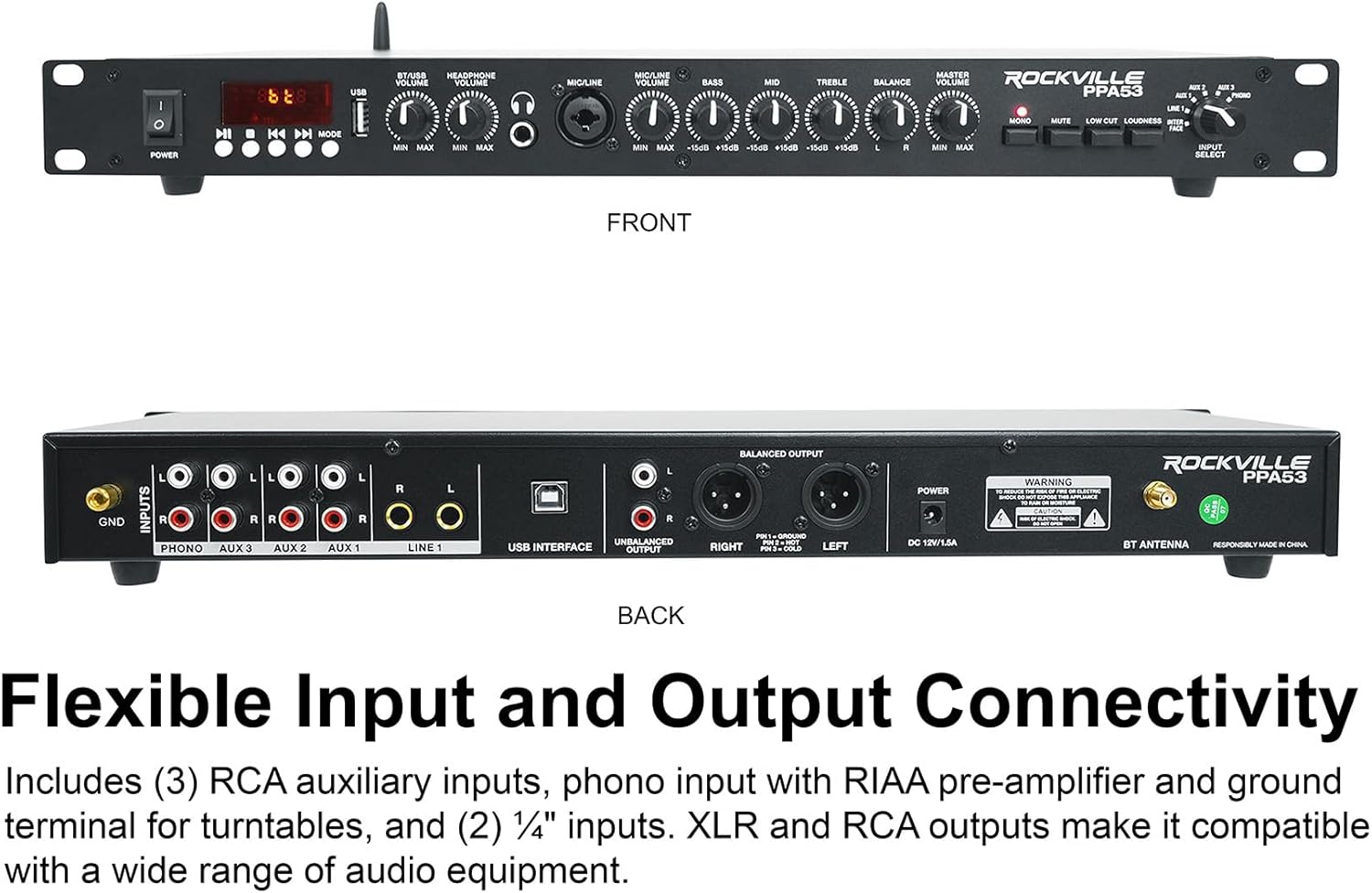 Rockville Bundle: Rockville PPA53 Preamp Pro 1U Pre-Amplifier w/Bluetooth/USB/Computer Interface Bundle with Rockville PRO-M50 Studio Headphones w/Detachable Coil Cable (2 Items)