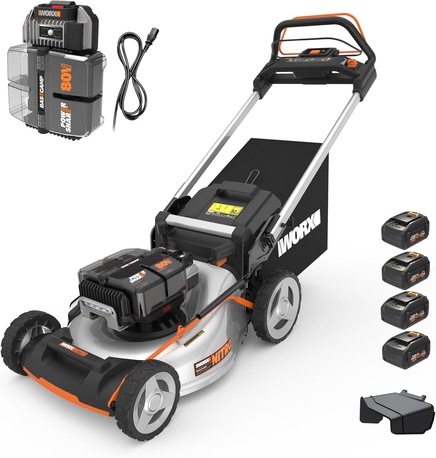 Worx Nitro 80V Cordless Lawn Mower, Electric Mower with Brushless Motor, 3-in-1 Self-Propelled Lawn Mower WG761-4 Batteries & Basecamp Charger Included