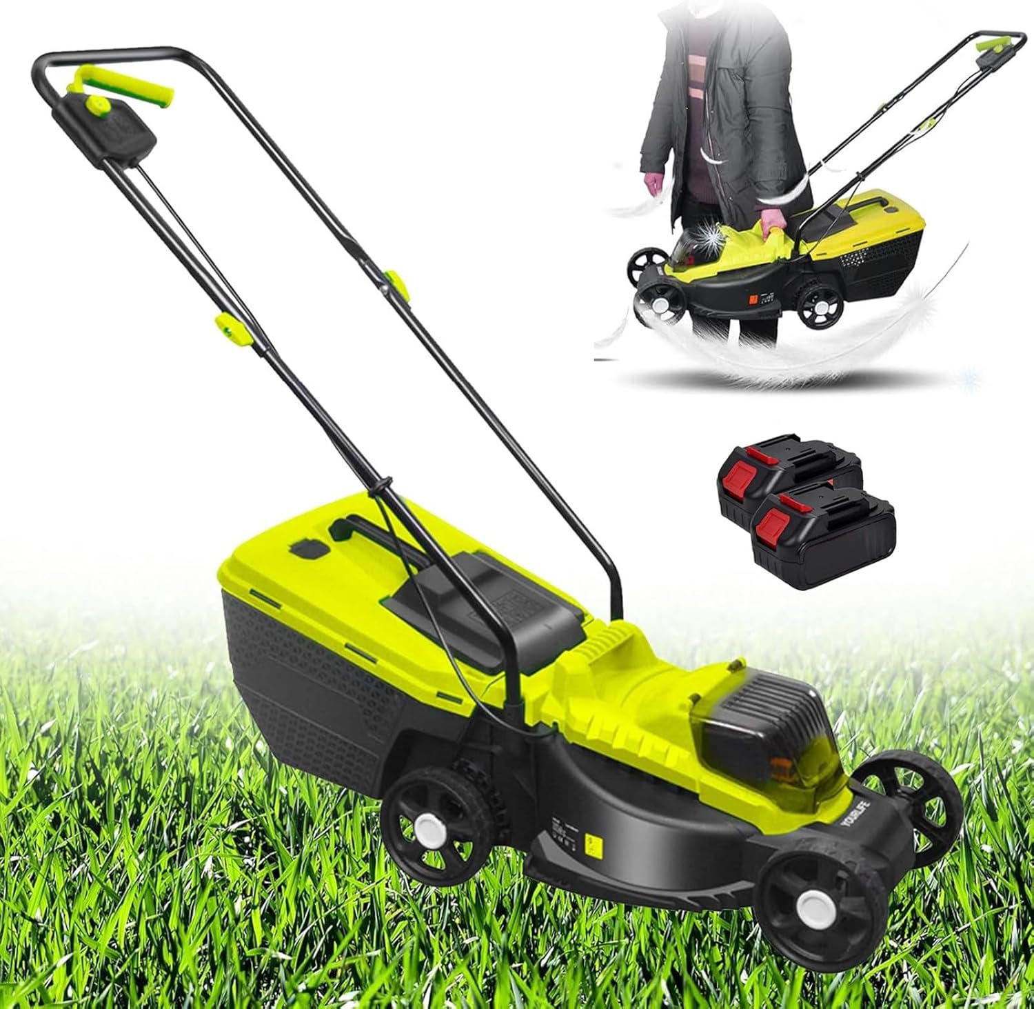 Cordless Lawn Mower, Push Lawn Mower, 40V Brushless Motor, Electric Walk Behind Grass Cutter with Safety Key, 10.6 Gal Grass Catcher, 45Min Runtime, 3-Position Height Adjustment,2 Batteries